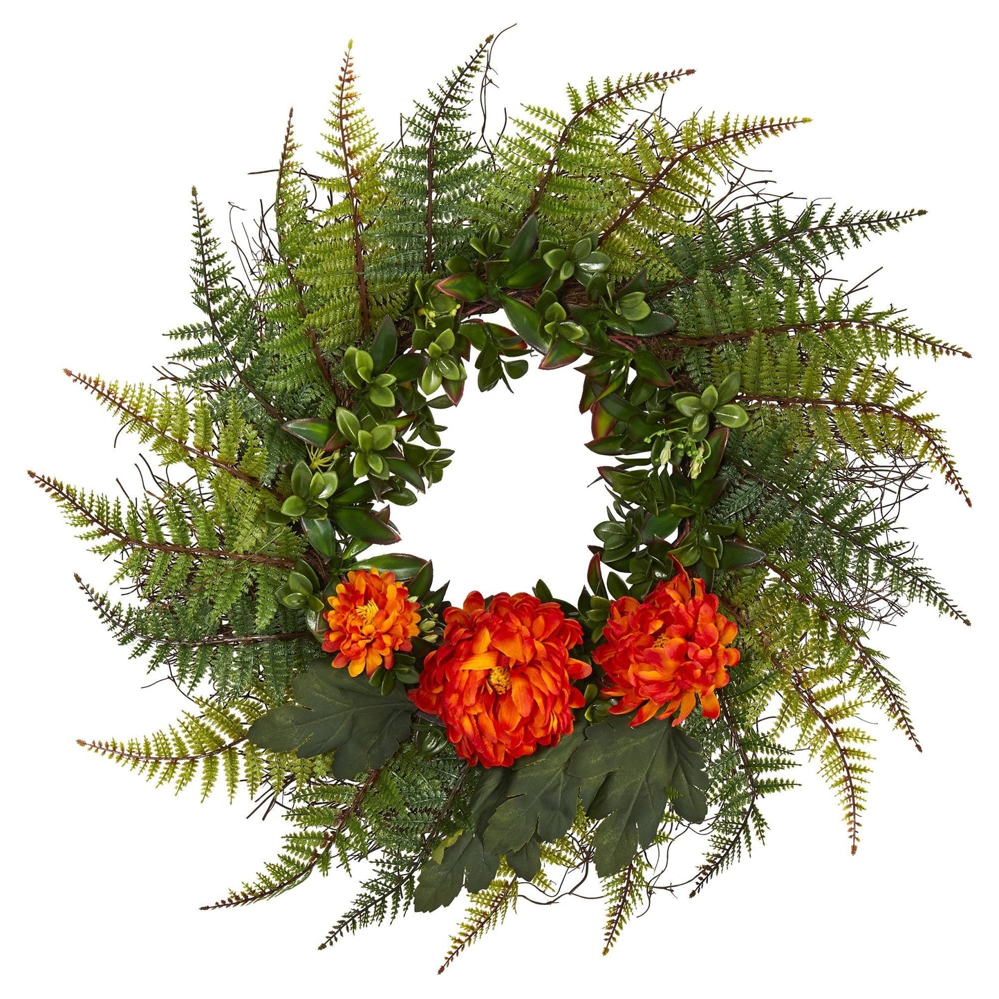 23” Assorted Fern and Chrysanthemum Artificial Wreath