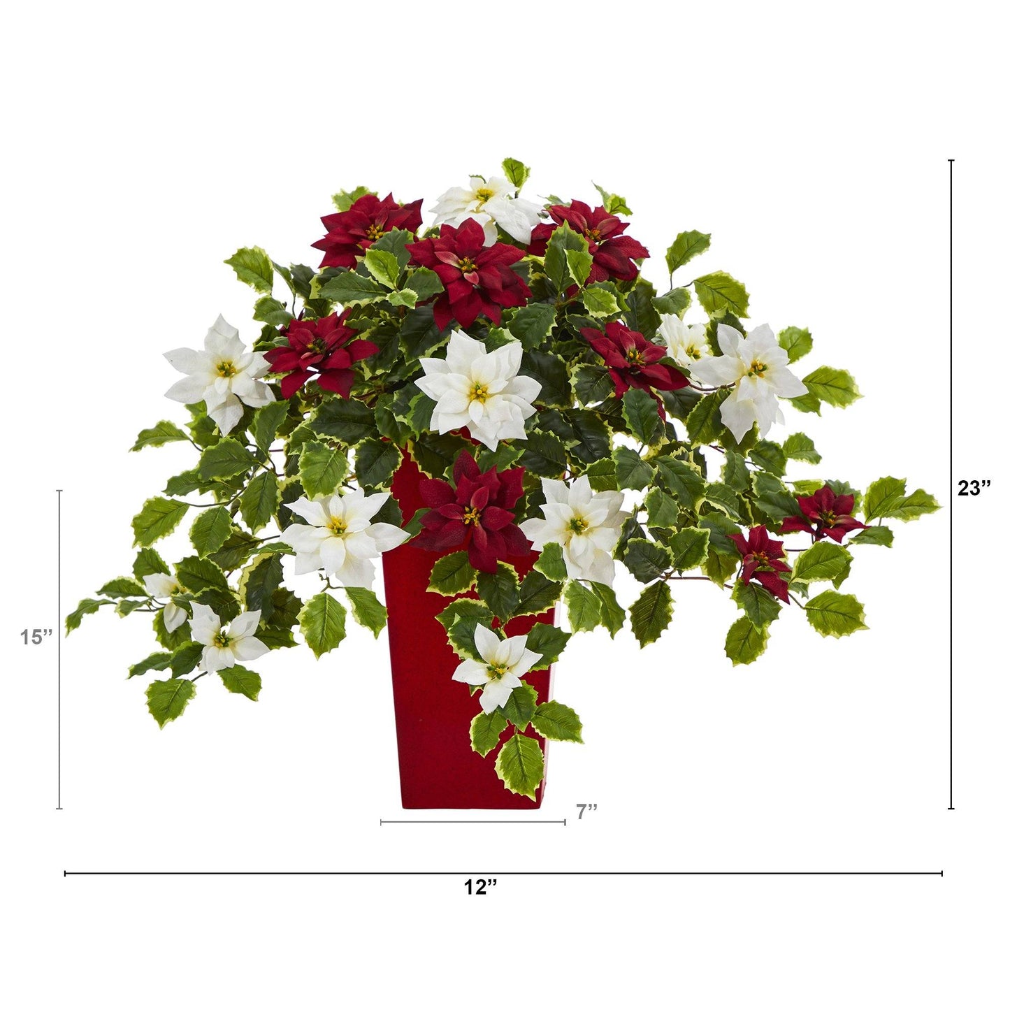 Plante artificielle de 23 po, poinsettia et houx panaché, dans une jardinière décorative (Real Touch)