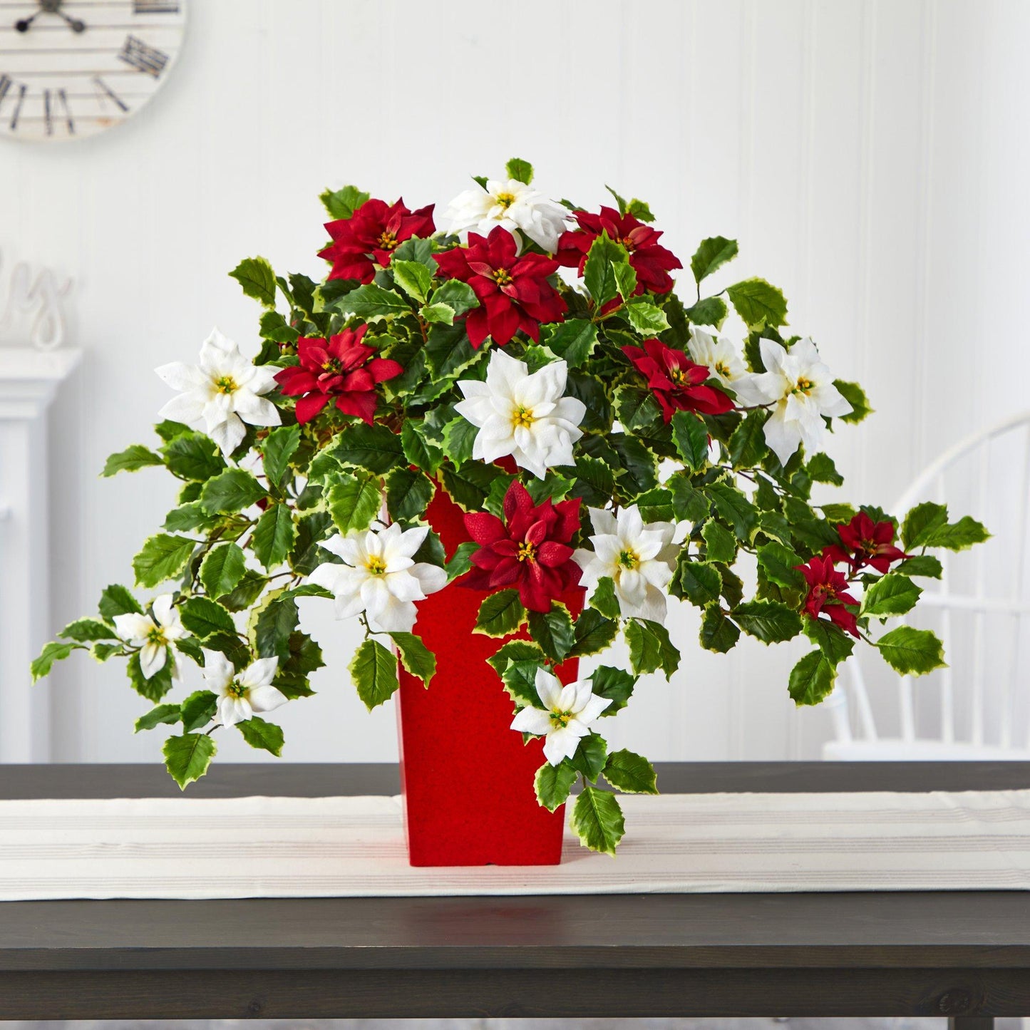 Plante artificielle de 23 po, poinsettia et houx panaché, dans une jardinière décorative (Real Touch)