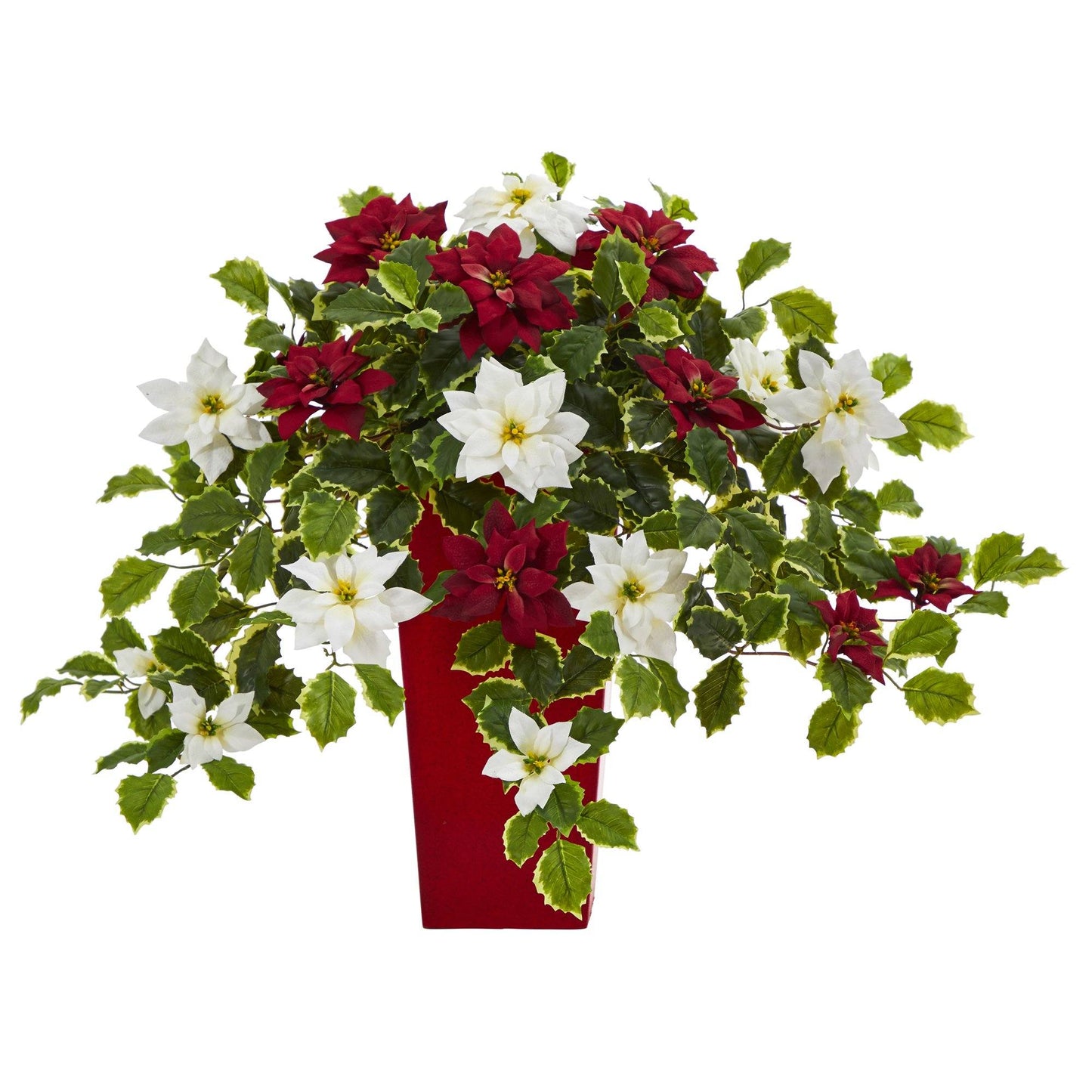 Plante artificielle de 23 po, poinsettia et houx panaché, dans une jardinière décorative (Real Touch)