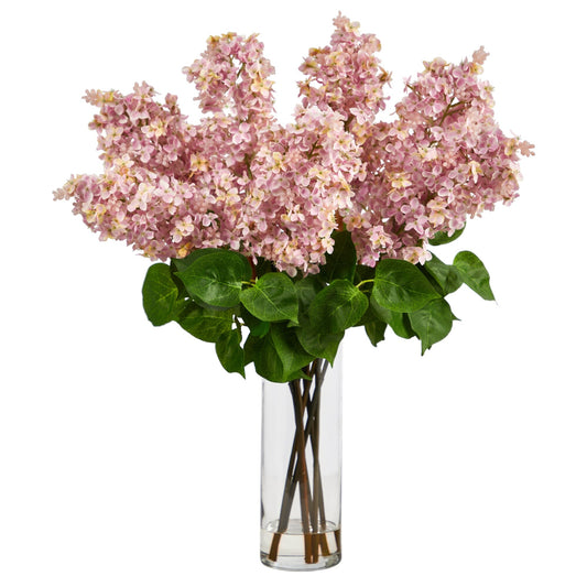 Arreglo de lilas artificiales de 24" con jarrón de vidrio cilíndrico