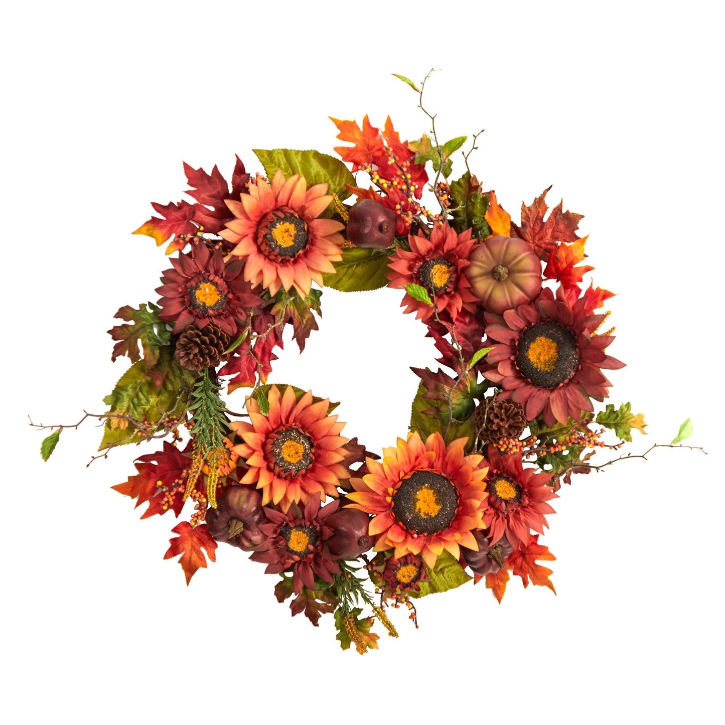 Couronne artificielle d'automne de 24 po avec tournesols, citrouilles, pommes de pin et baies