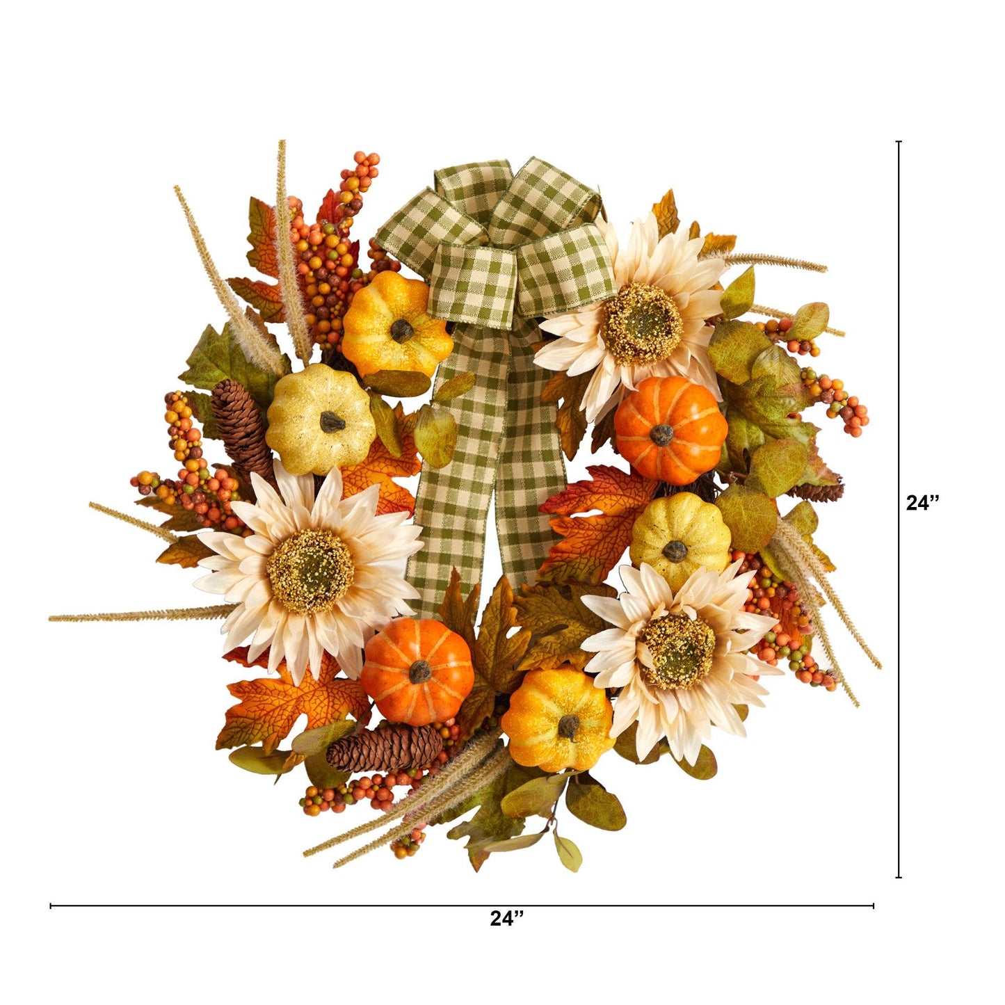 Corona artificial de otoño de 24" con calabaza y girasol y cinta decorativa