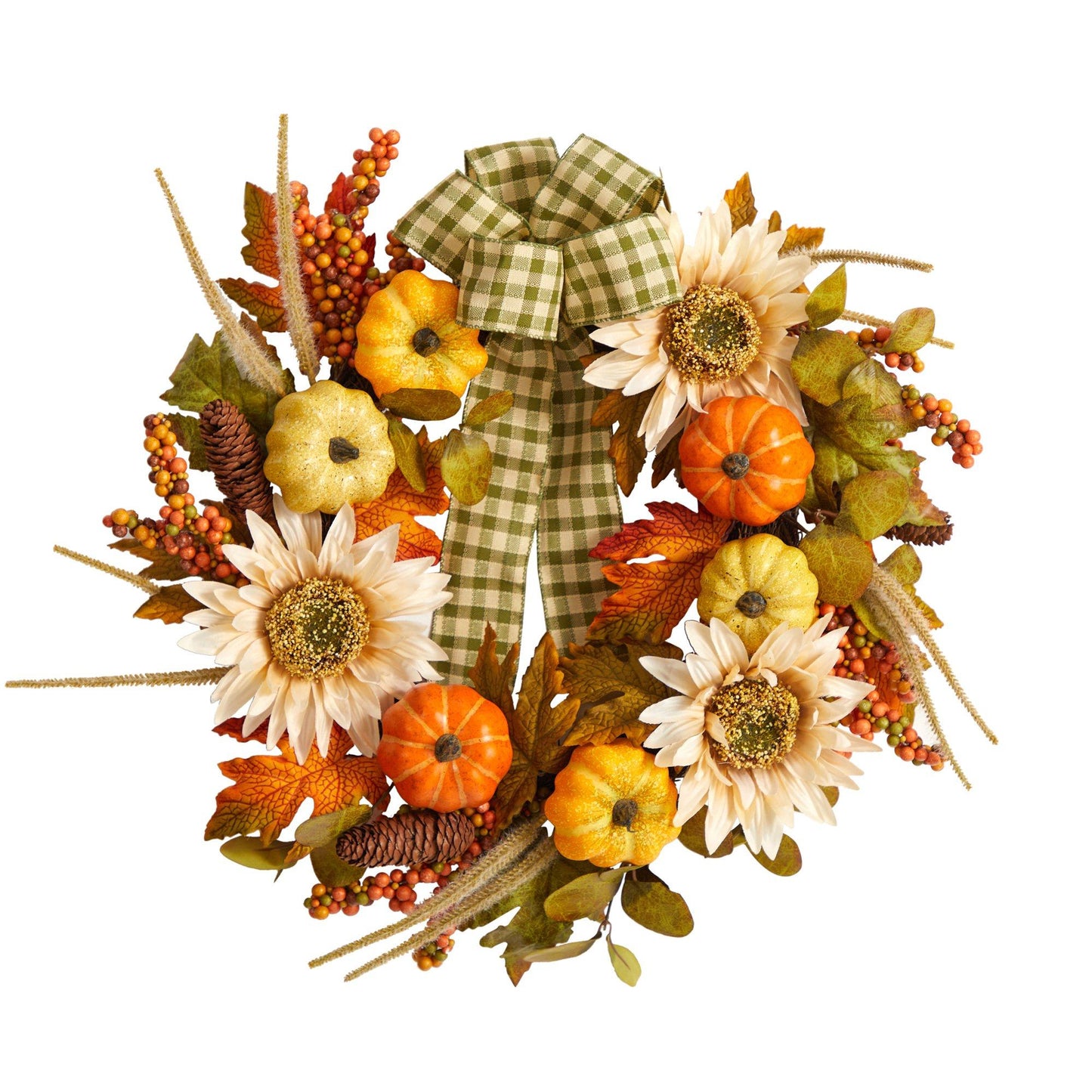 Corona artificial de otoño de 24" con calabaza y girasol y cinta decorativa