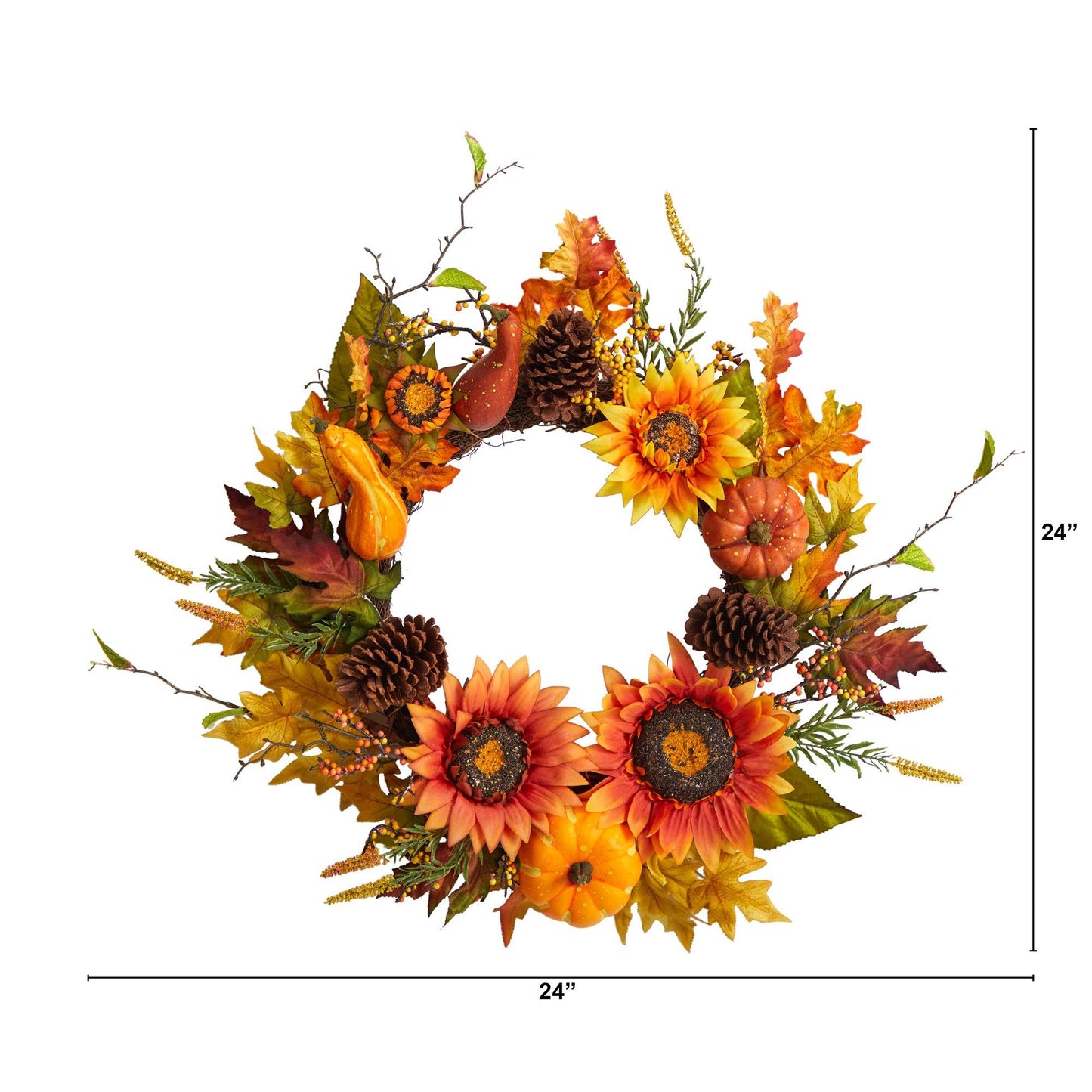 Couronne artificielle d'automne de 24 po avec tournesols, citrouilles, courges, pommes de pin et baies