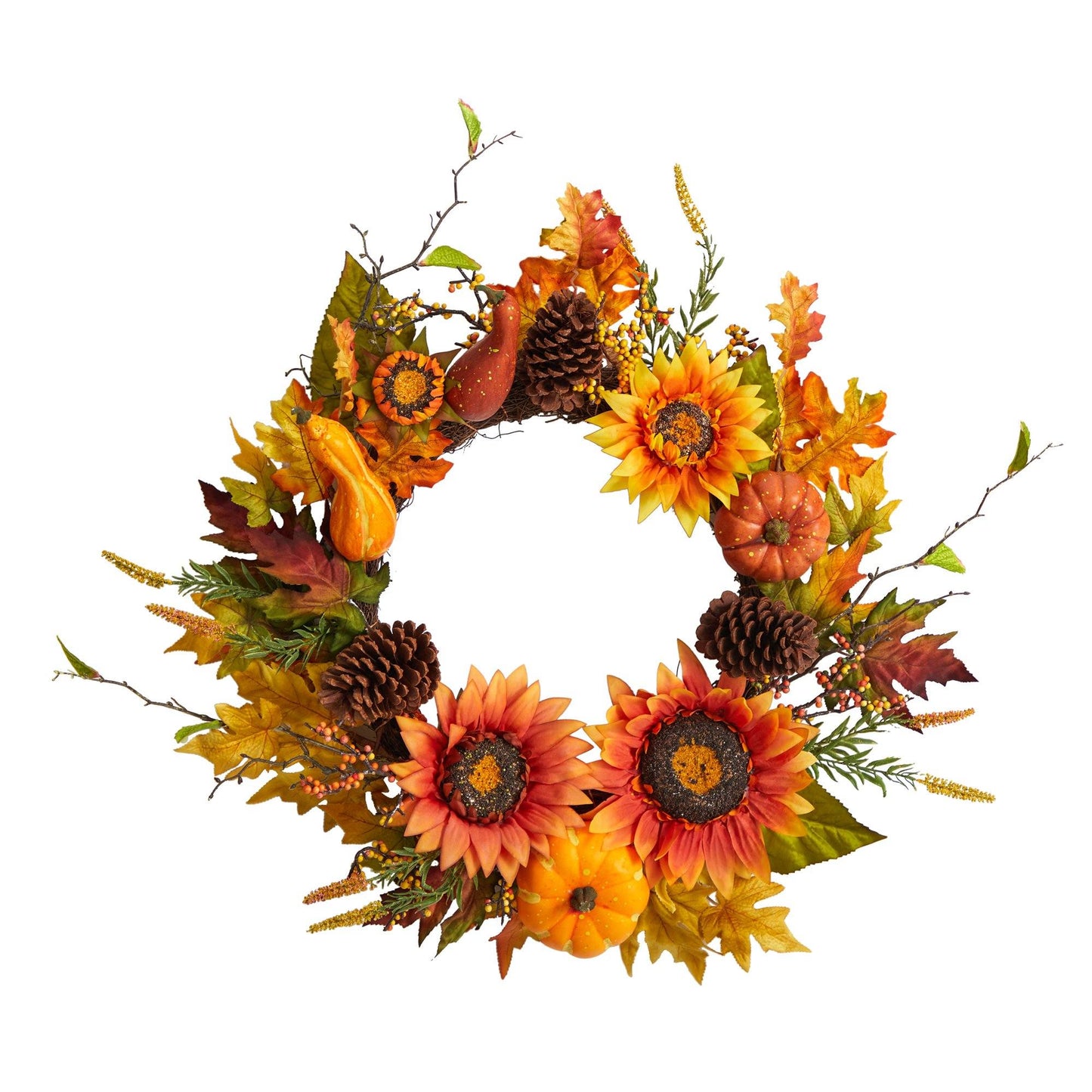 Couronne artificielle d'automne de 24 po avec tournesols, citrouilles, courges, pommes de pin et baies