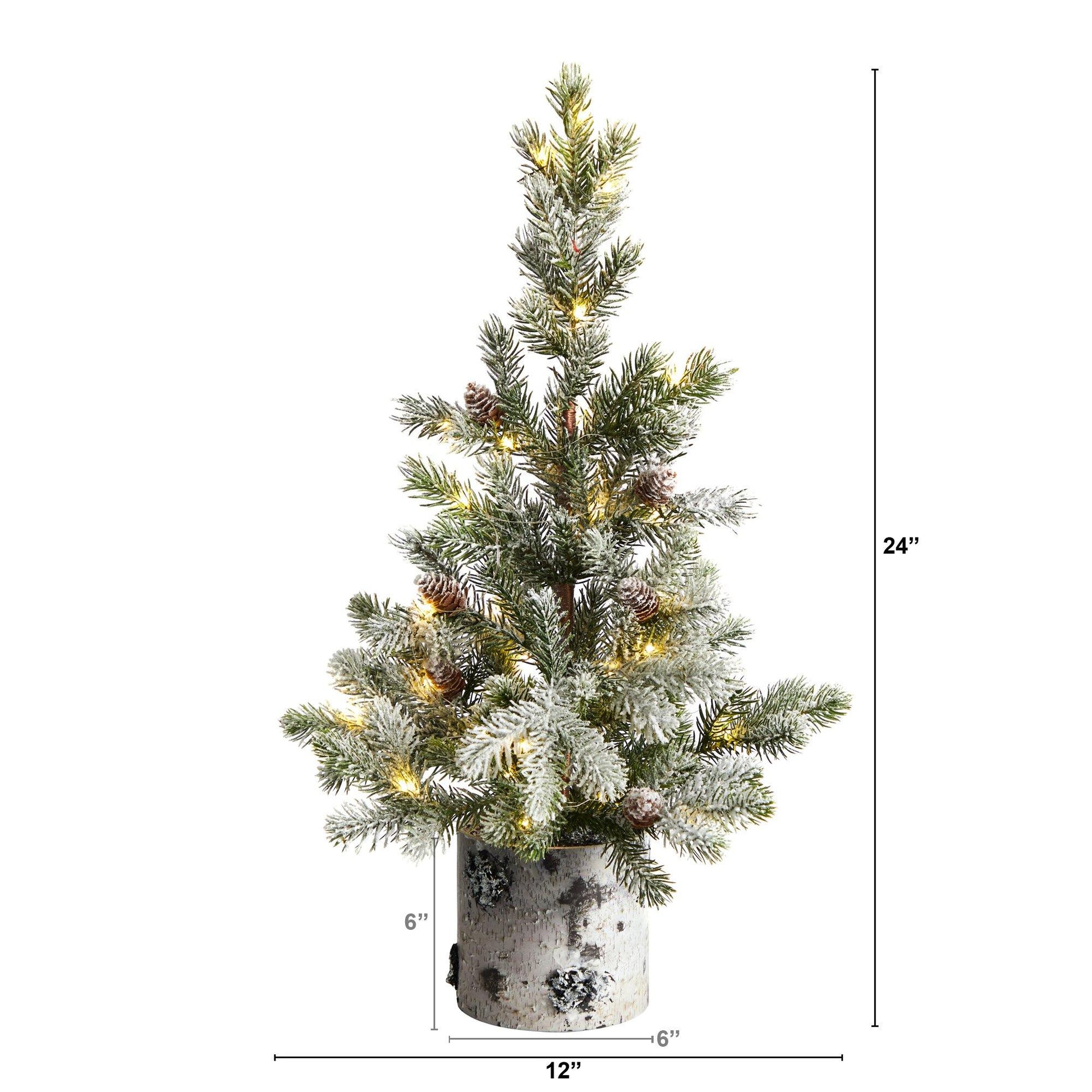 24” Flocked Artificial Christmas Tree in Decorative Birch Bark Planter - Nearly Natural