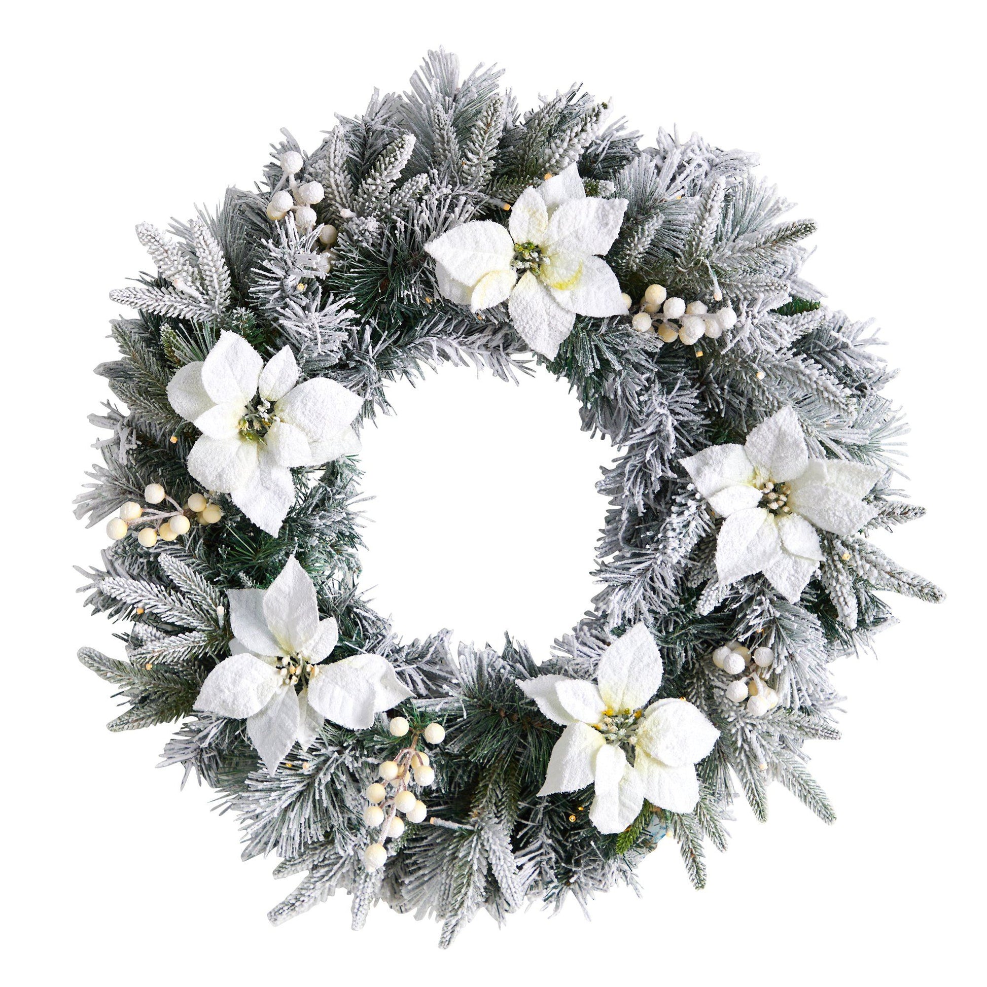 24” Flocked Poinsettia and Pine Artificial Christmas Wreath with 50 Warm White LED Lights - Nearly Natural