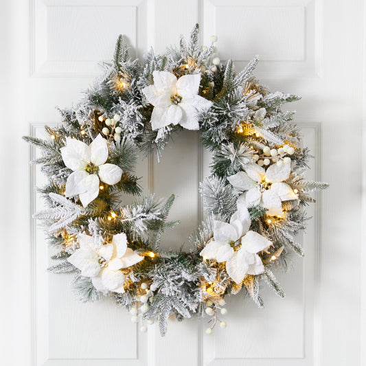24” Flocked Poinsettia and Pine Artificial Christmas Wreath with 50 Warm White LED Lights - Nearly Natural