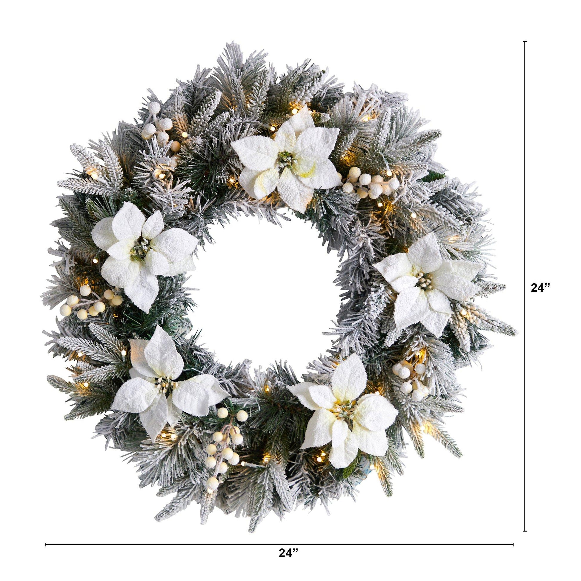 24” Flocked Poinsettia and Pine Artificial Christmas Wreath with 50 Warm White LED Lights - Nearly Natural