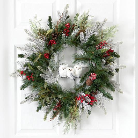 24” Holiday Winter Owl Family Pinecone Berry Christmas Artificial Wreath