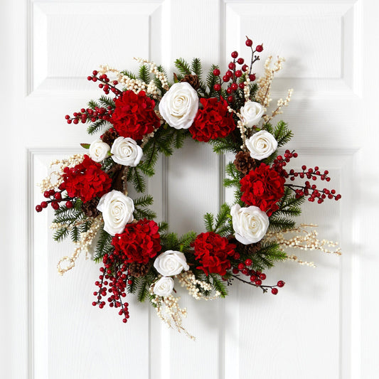 Couronne d'hortensias de 24 po avec roses blanches