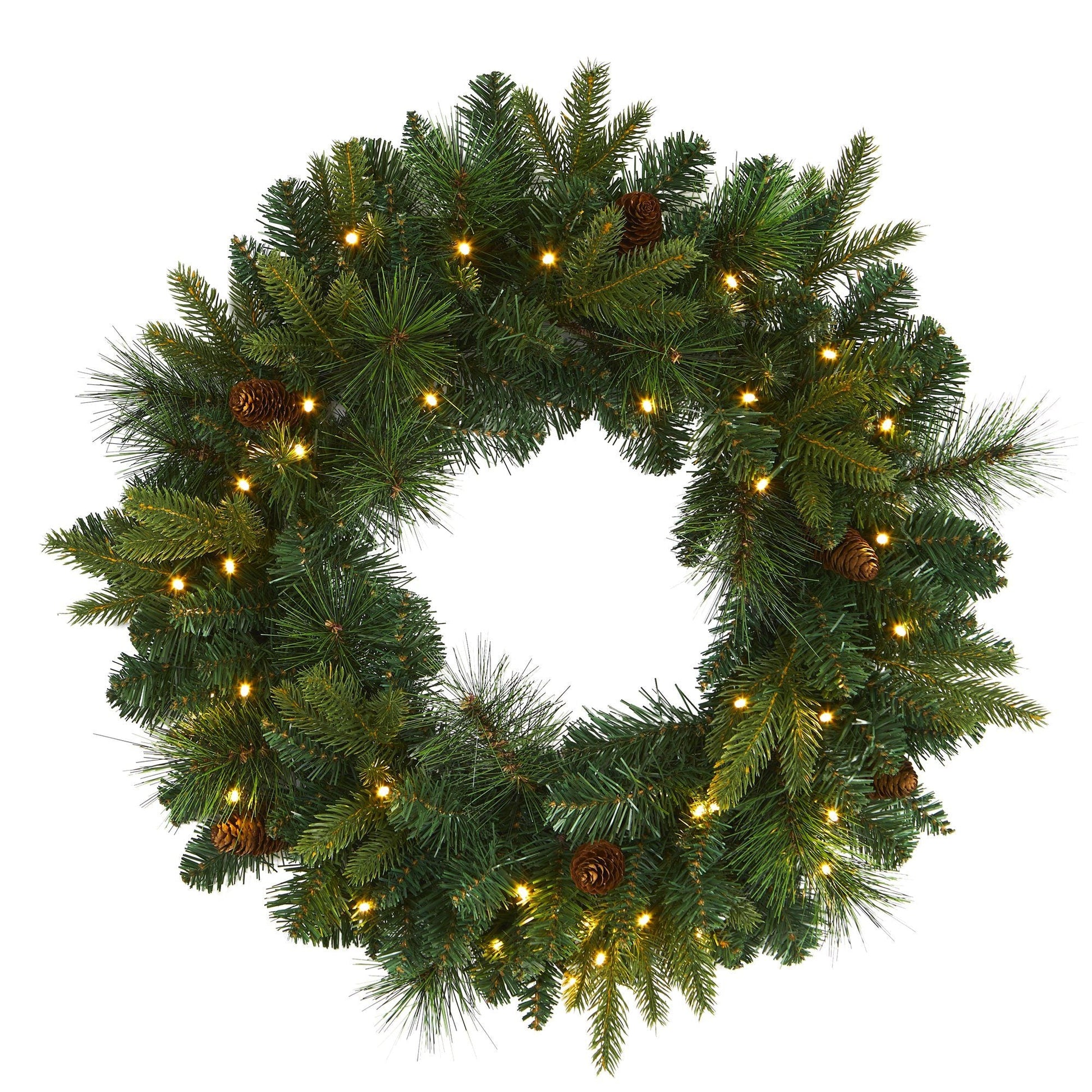 24” Mixed Pine Artificial Christmas Wreath with 35 Clear LED Lights and Pinecones - Nearly Natural