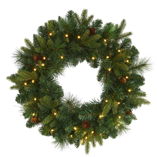 24” Mixed Pine Artificial Christmas Wreath with 35 Clear LED Lights and Pinecones - Nearly Natural
