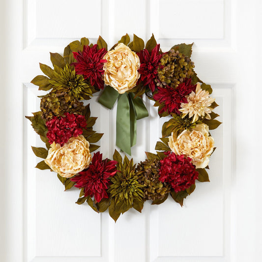 Couronne artificielle de pivoines, de dahlias et d'hortensias de 24 po