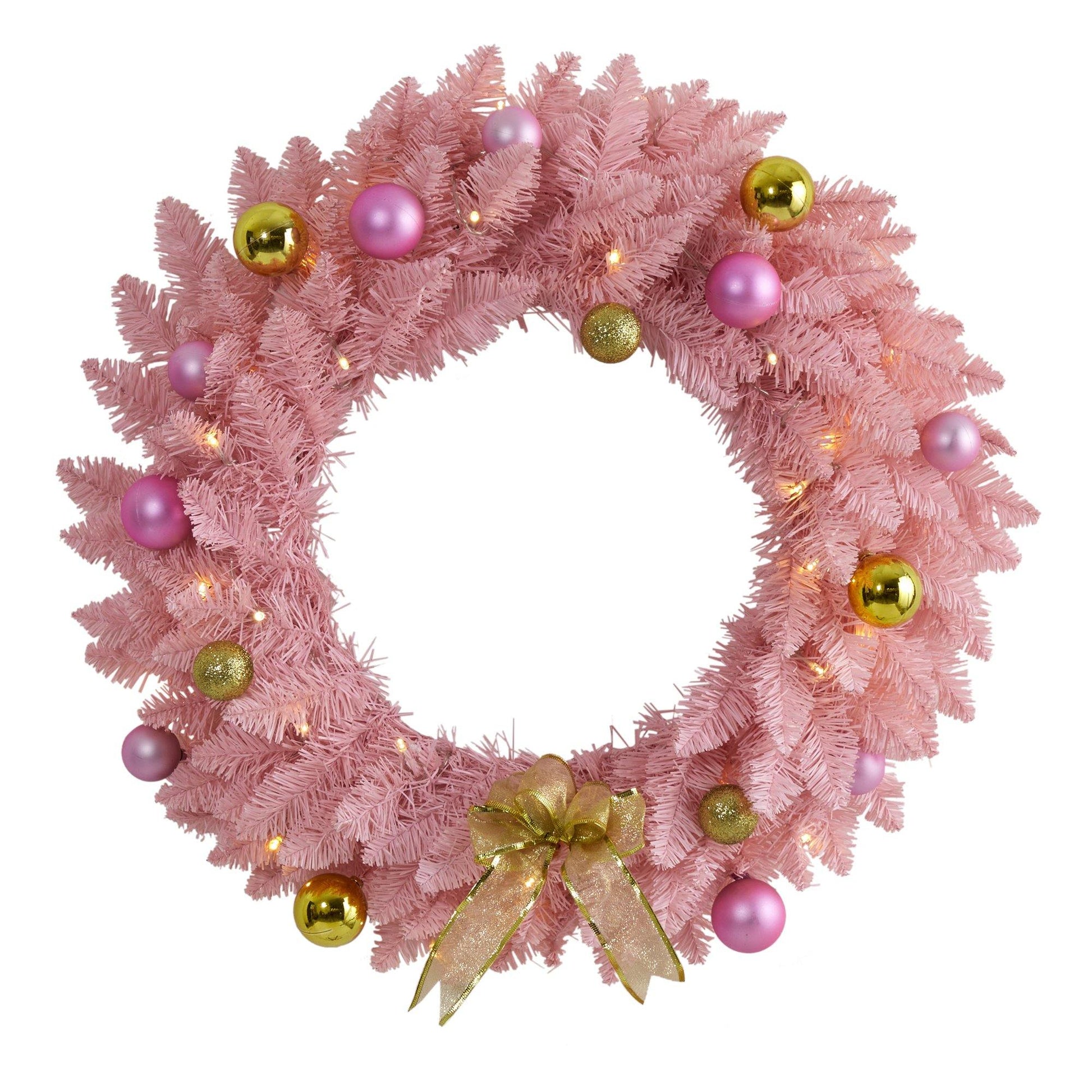 24” Pink Artificial Christmas Wreath with 35 LED Lights and Ornaments - Nearly Natural