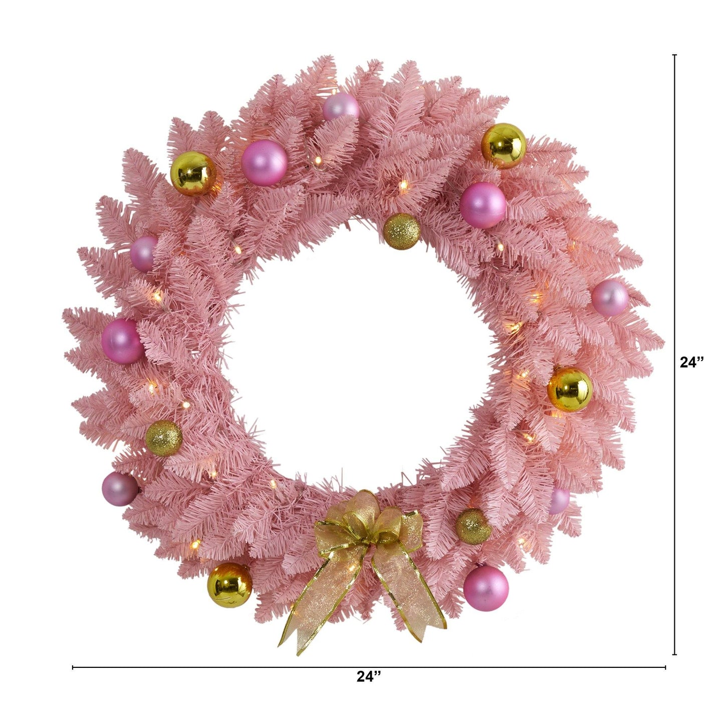 24” Pink Artificial Christmas Wreath with 35 LED Lights and Ornaments - Nearly Natural