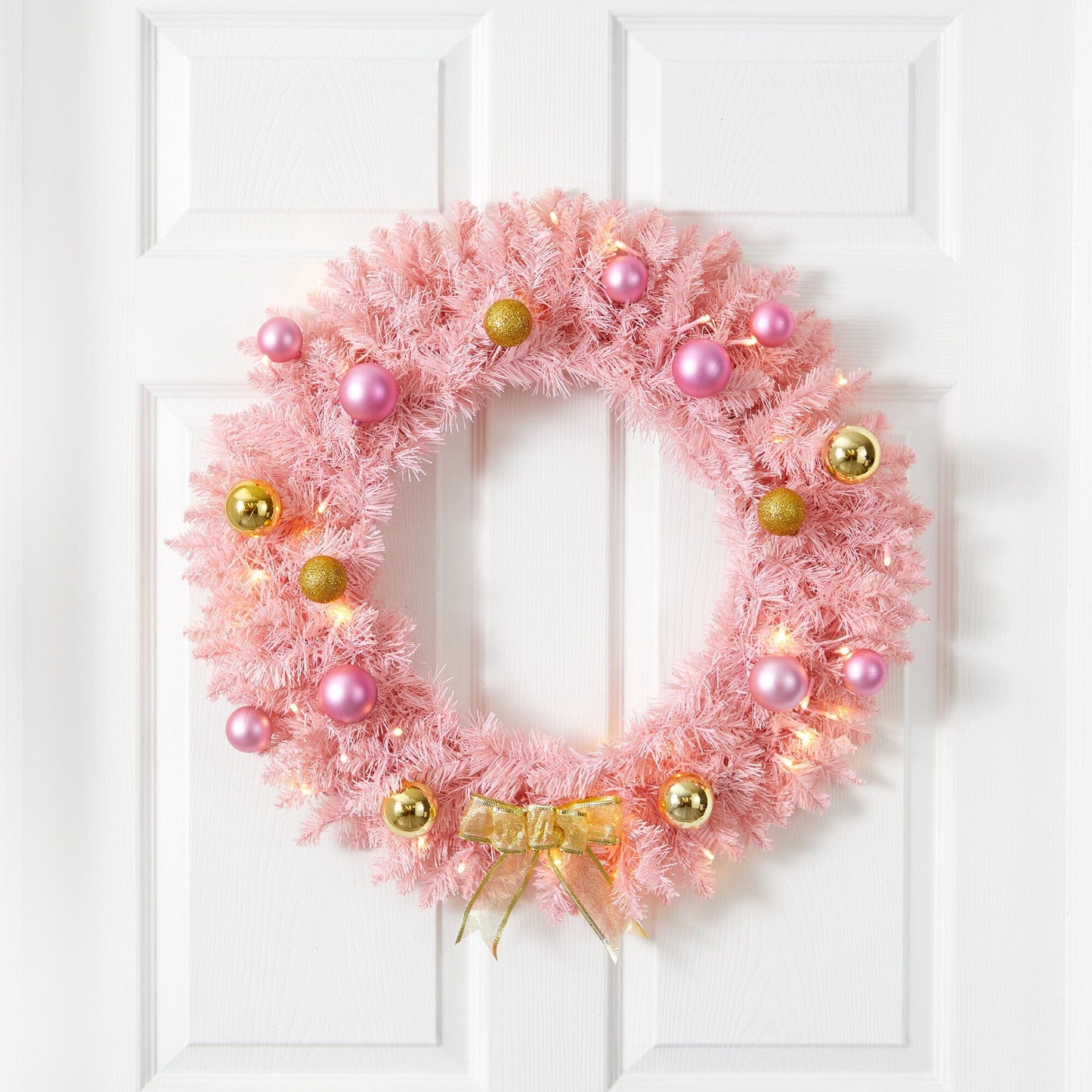 24” Pink Artificial Christmas Wreath with 35 LED Lights and Ornaments - Nearly Natural