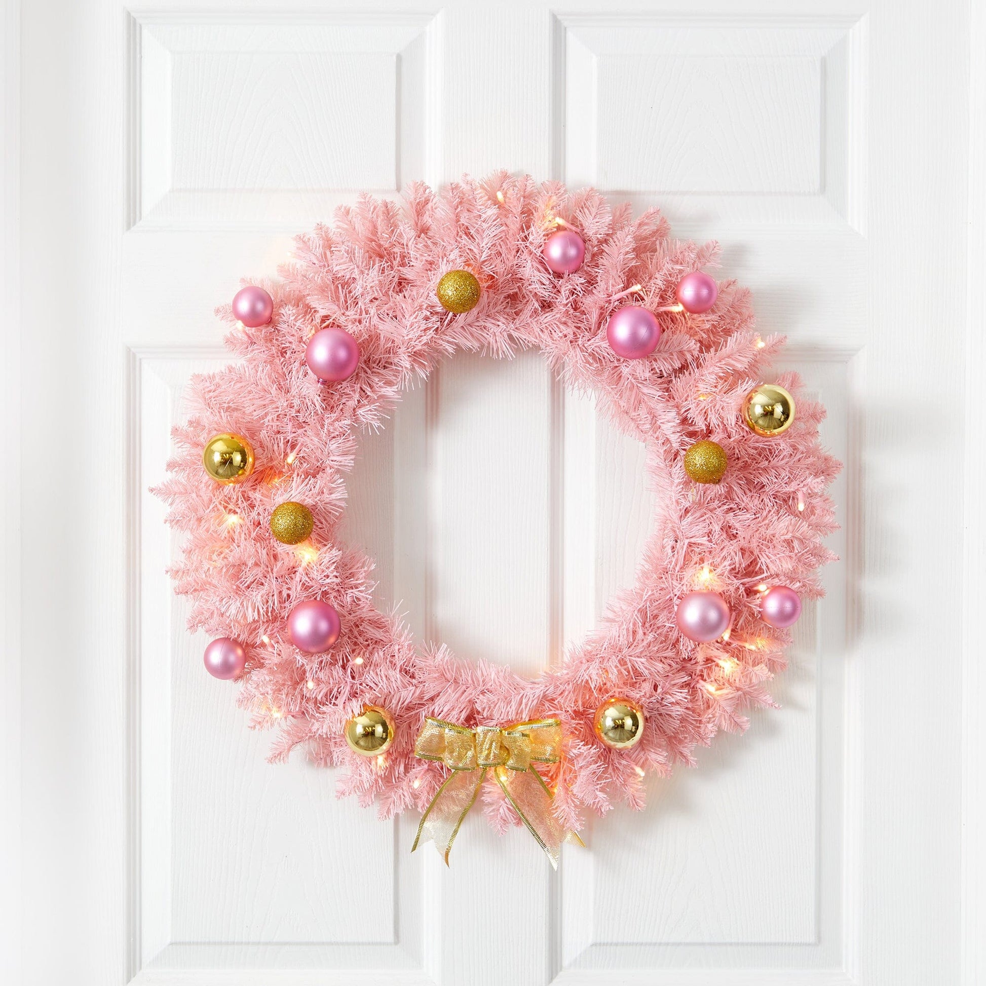 24” Pink Artificial Christmas Wreath with 35 LED Lights and Ornaments - Nearly Natural