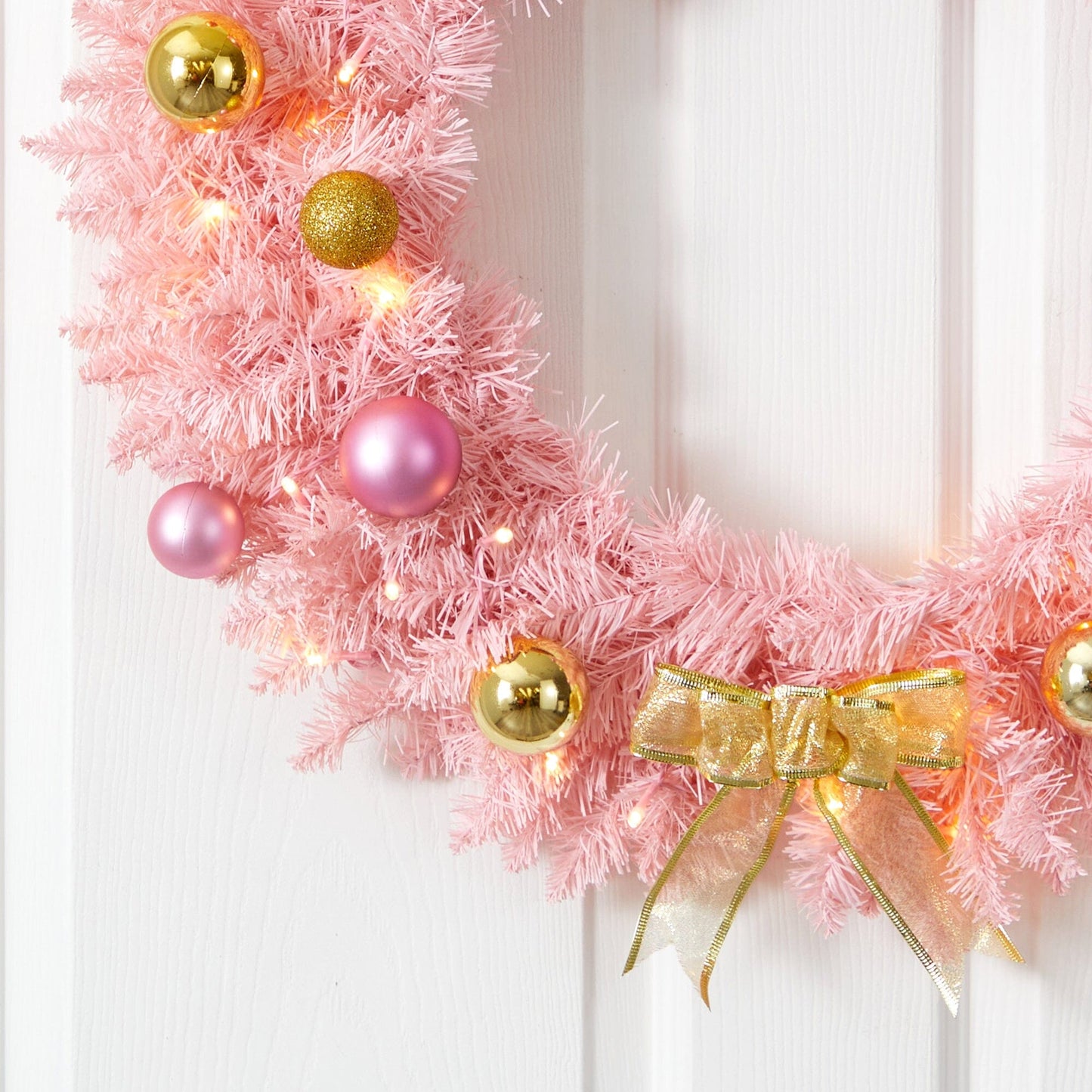 24” Pink Artificial Christmas Wreath with 35 LED Lights and Ornaments - Nearly Natural
