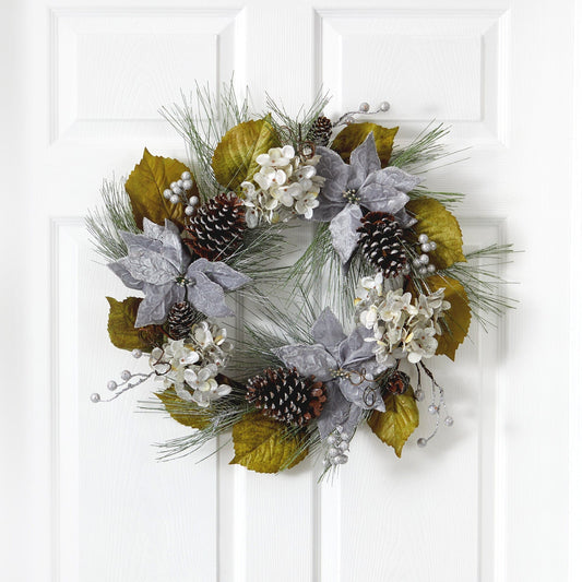 24” Silver Poinsettia, Hydrangea and Pinecones Artificial Christmas Wreath