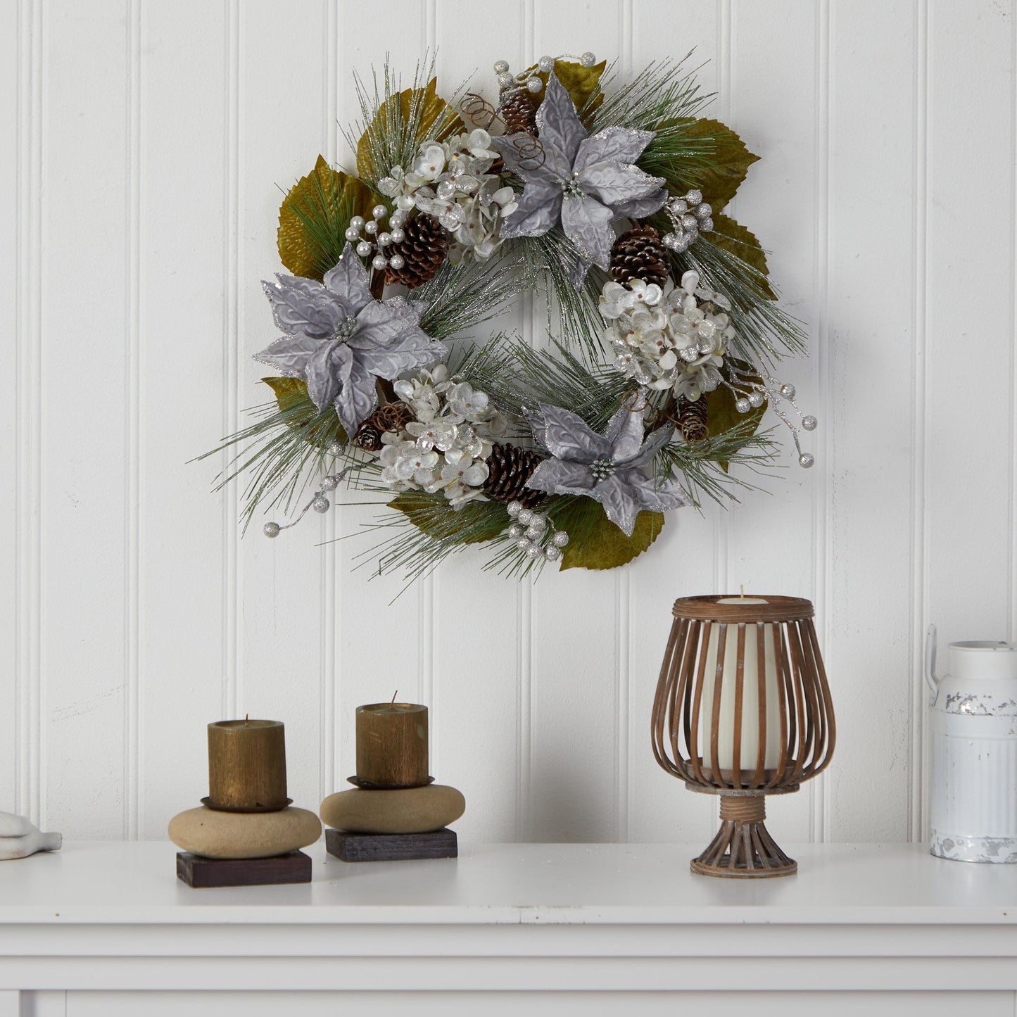 24” Silver Poinsettia, Hydrangea and Pinecones Artificial Christmas Wreath