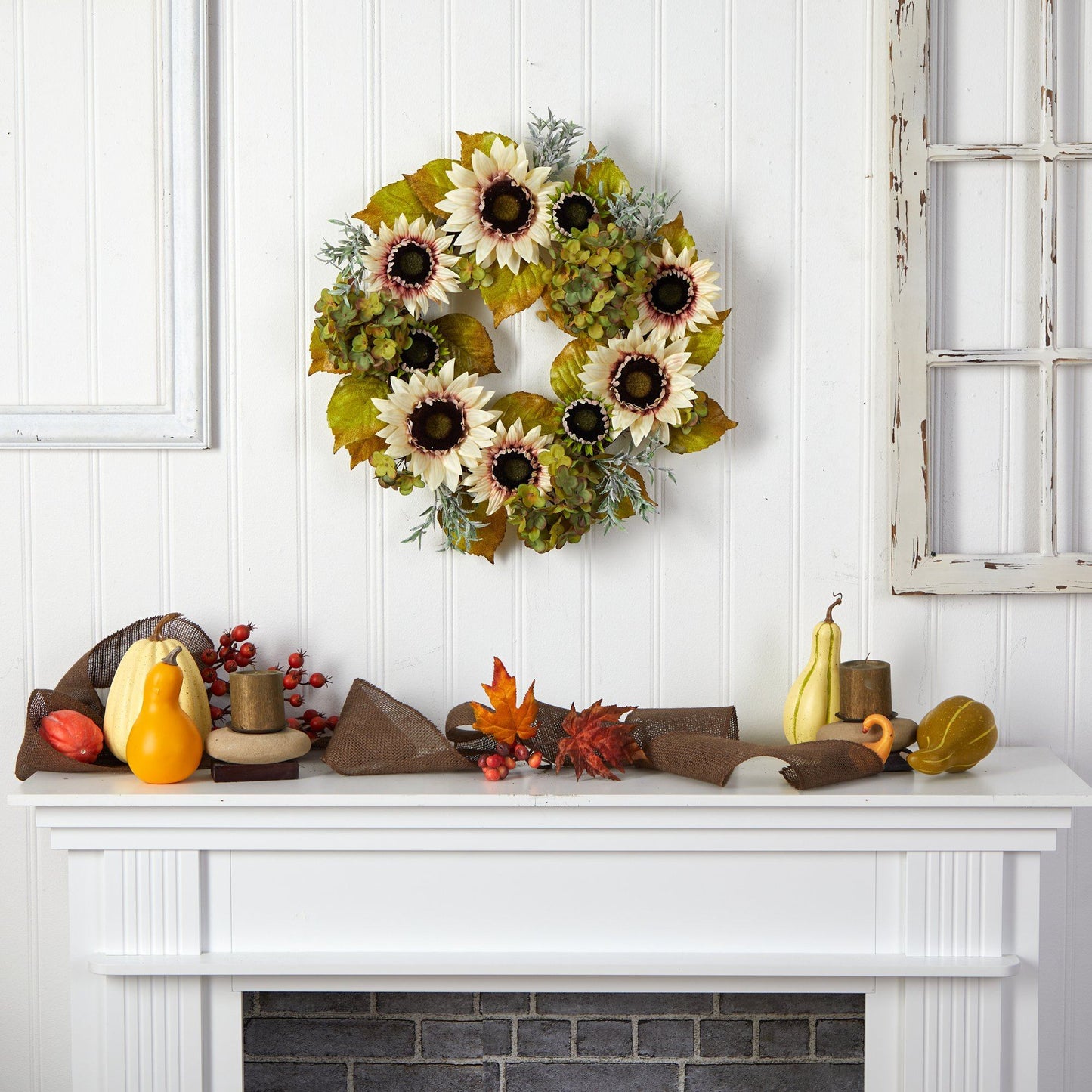 Couronne d'automne artificielle de tournesols blancs et d'hortensias de 24 po