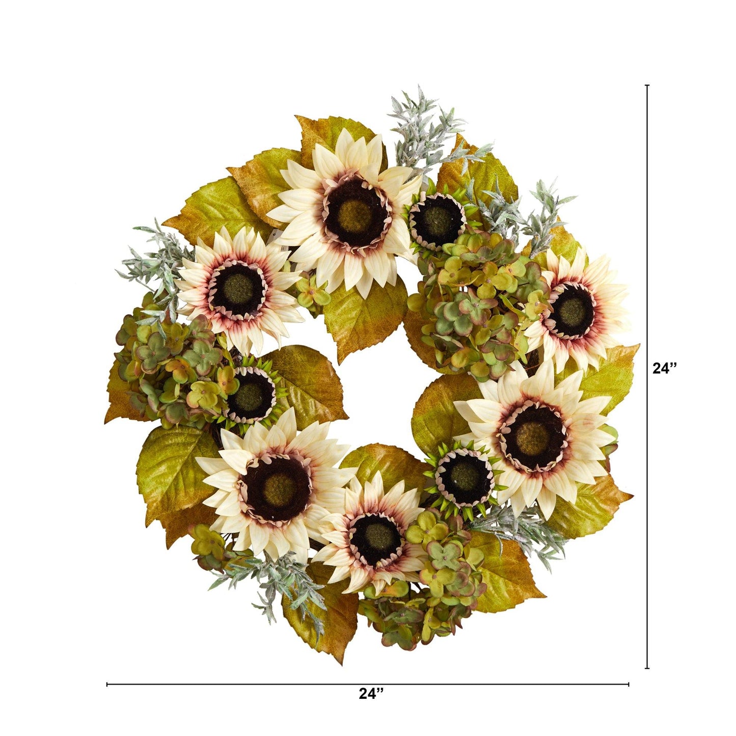 Couronne d'automne artificielle de tournesols blancs et d'hortensias de 24 po