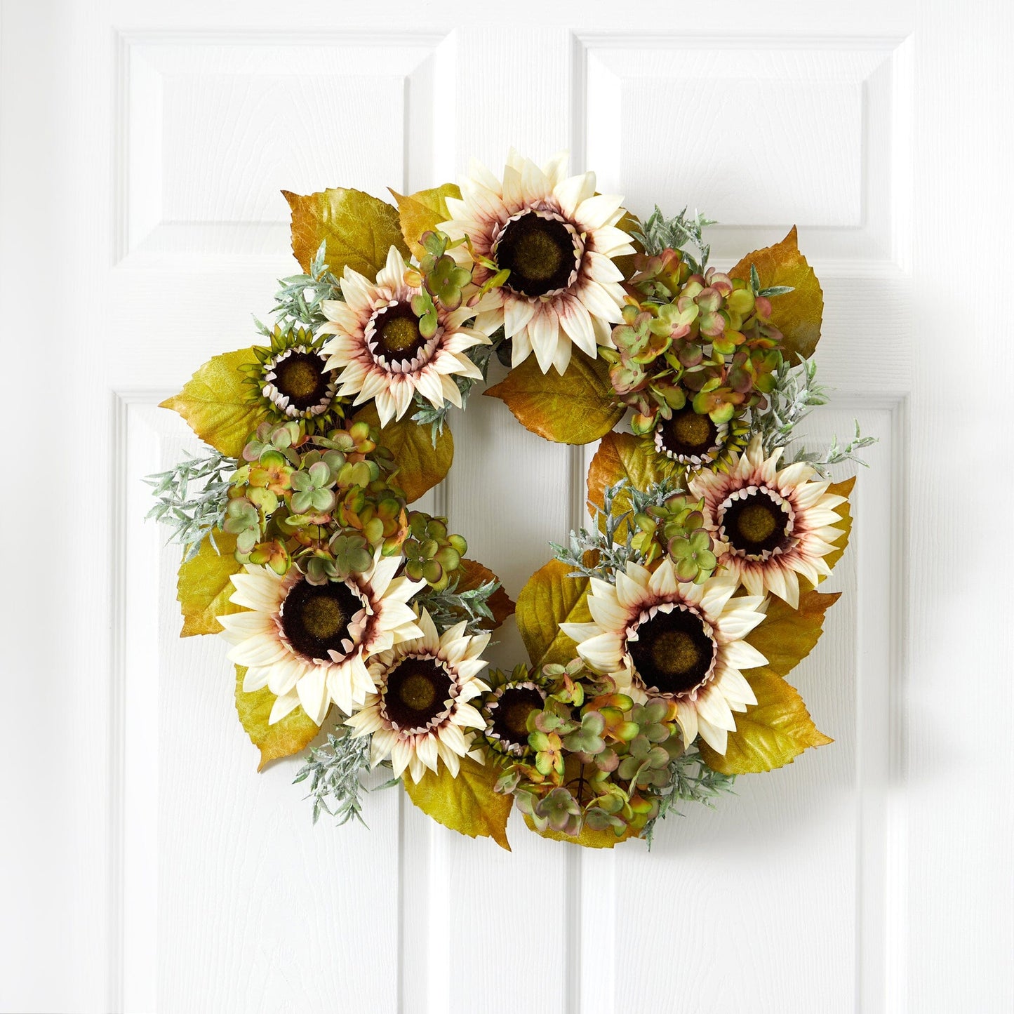 Couronne d'automne artificielle de tournesols blancs et d'hortensias de 24 po