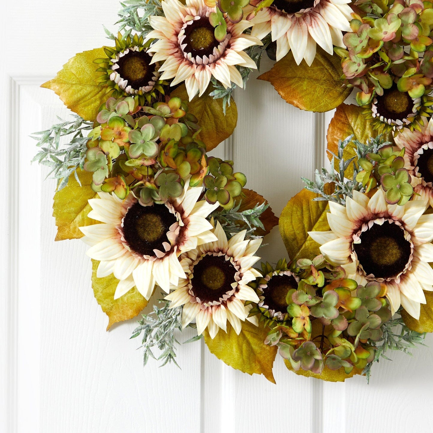 Couronne d'automne artificielle de tournesols blancs et d'hortensias de 24 po