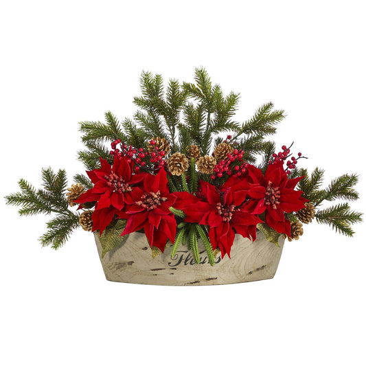 Arreglo artificial de 25” con flores de Pascua, suculentas y pino en jarrón decorativo