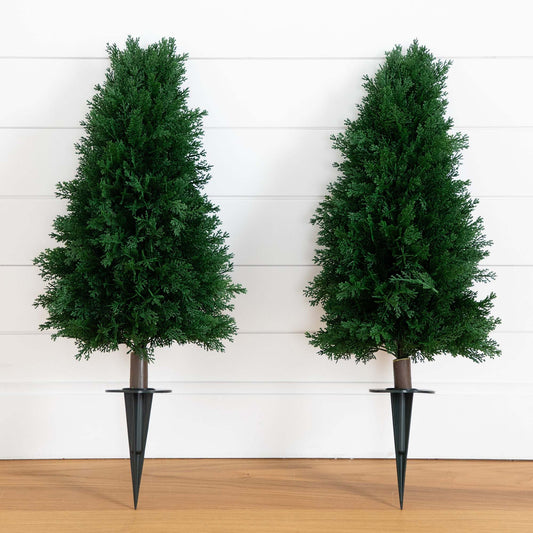 2.5' UV Resistant Artificial Cedar Plant with Integrated Ground Stake (Indoor/Outdoor) - Set of 2