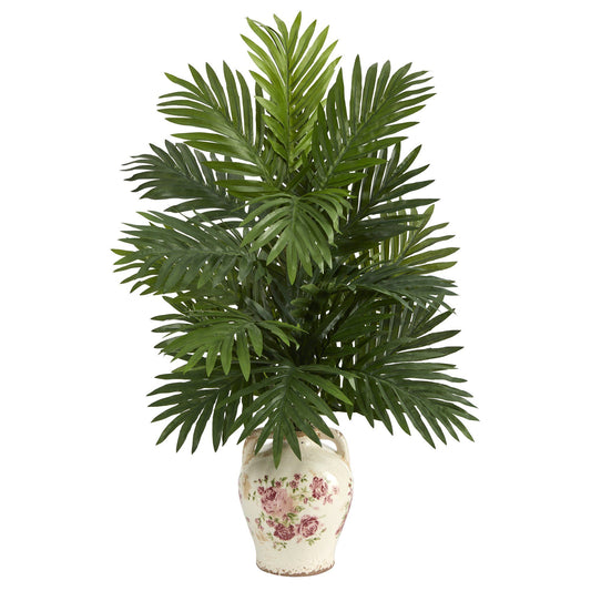 Planta artificial de palma areca de 27” en frasco con flores