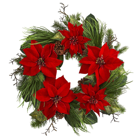 Couronne de poinsettia et de pin de 28 po