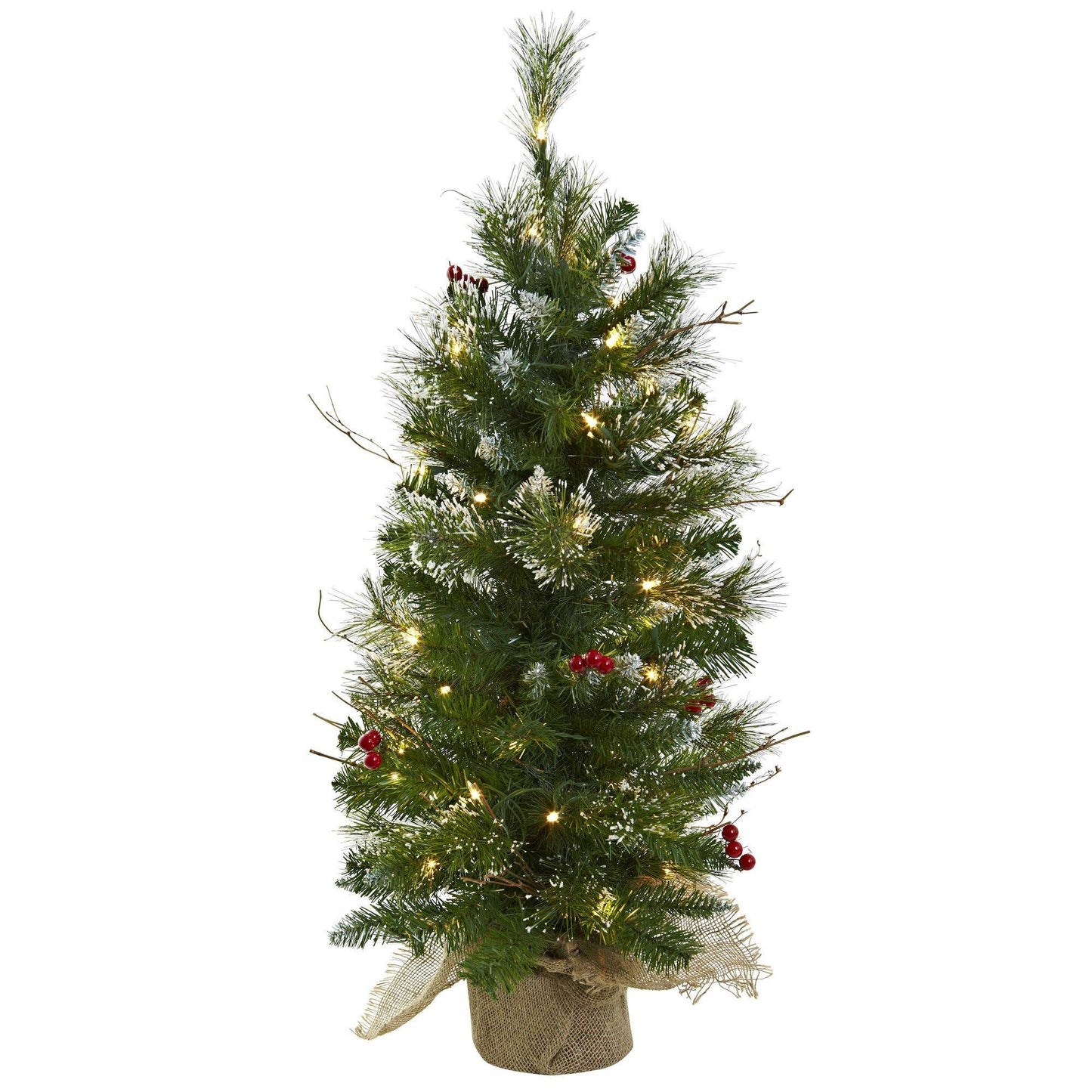 Sapin de Noël de 3 pi avec lumières transparentes, baies et sac en toile de jute