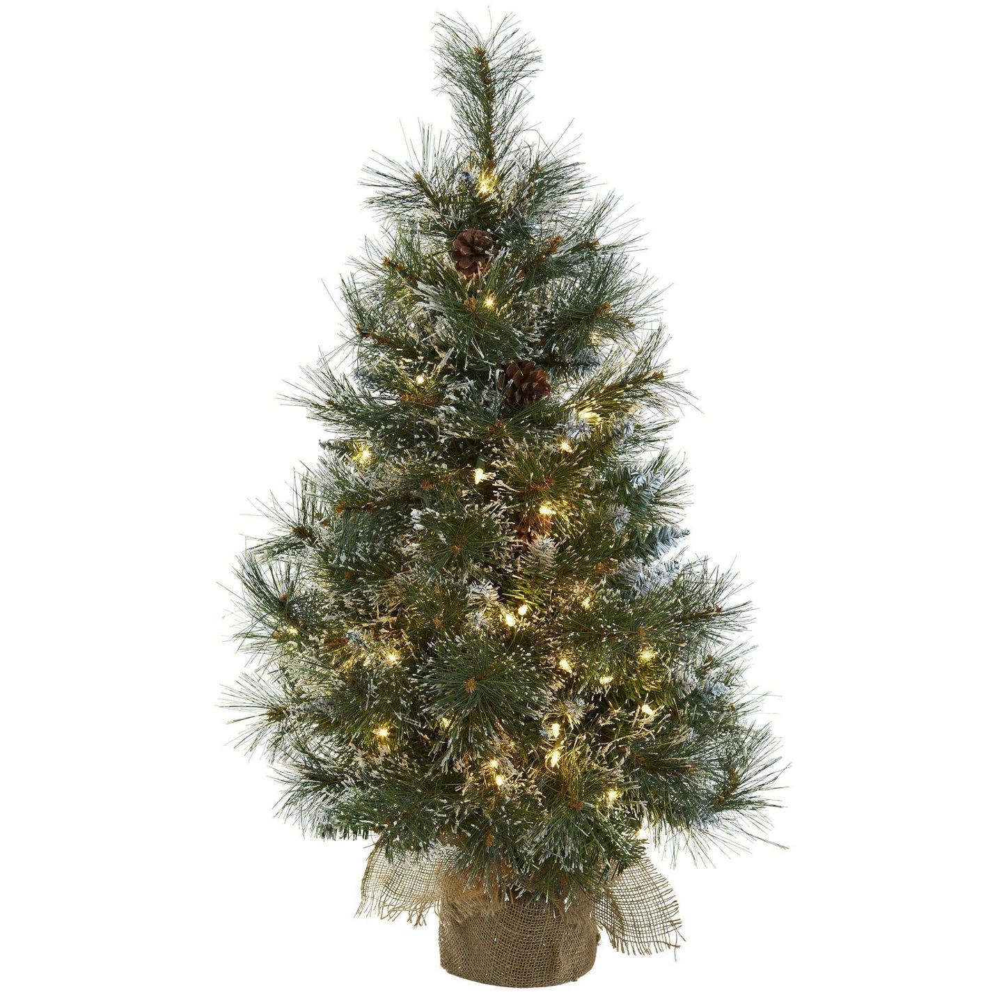 Sapin de Noël de 3 pi avec lumières transparentes, pointes givrées, pommes de pin et sac en toile de jute