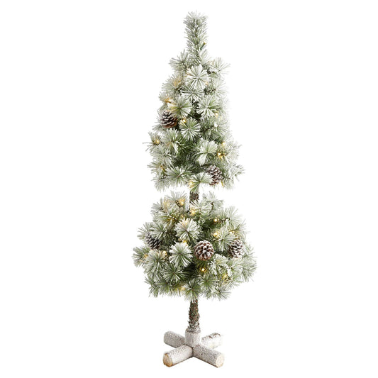 Árbol de Navidad artificial flocado de 3 pies con 50 luces LED de color blanco cálido y piñas