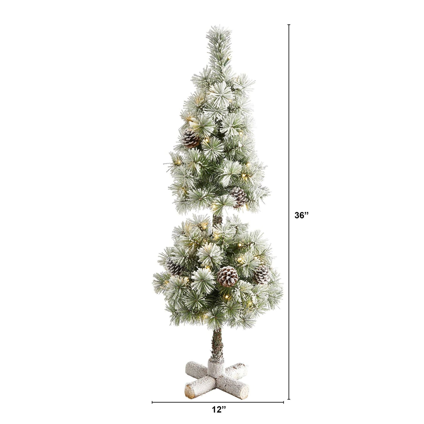 Árbol de Navidad artificial flocado de 3 pies con 50 luces LED de color blanco cálido y piñas