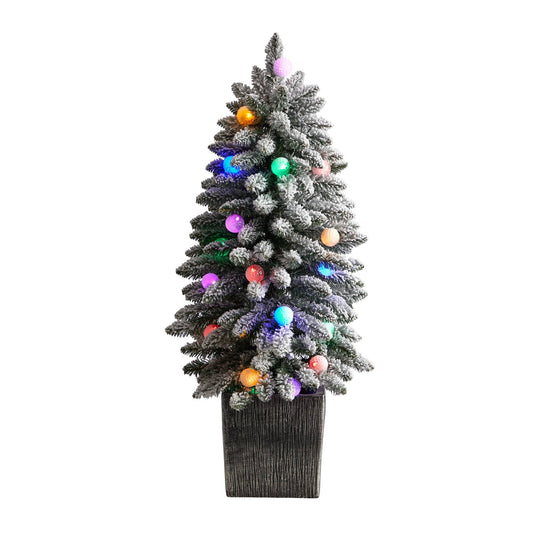 3’ Flocked Highland Fir Tree with 127 Branches and 20 LED Globe Lights in Decorative Planter