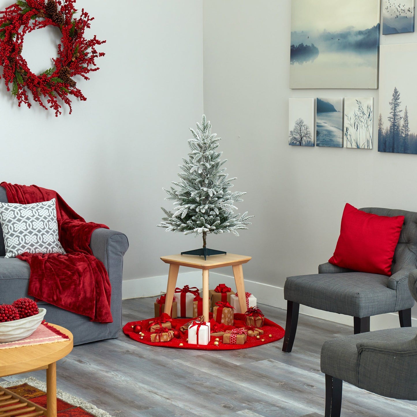 3’ Flocked Manchester Spruce Artificial Christmas Tree with 50 Lights and 133 Bendable Branches - Nearly Natural