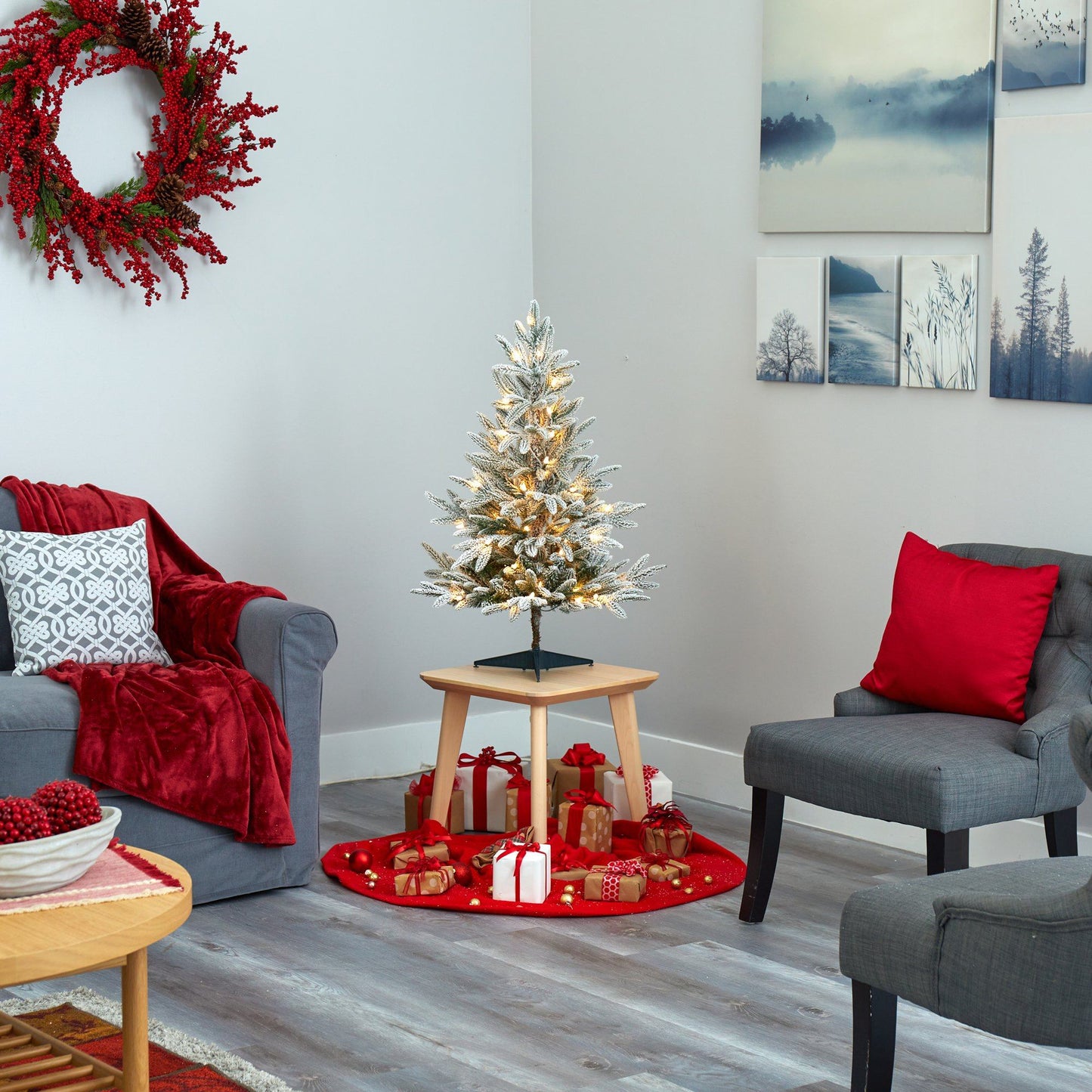 3’ Flocked Manchester Spruce Artificial Christmas Tree with 50 Lights and 133 Bendable Branches - Nearly Natural