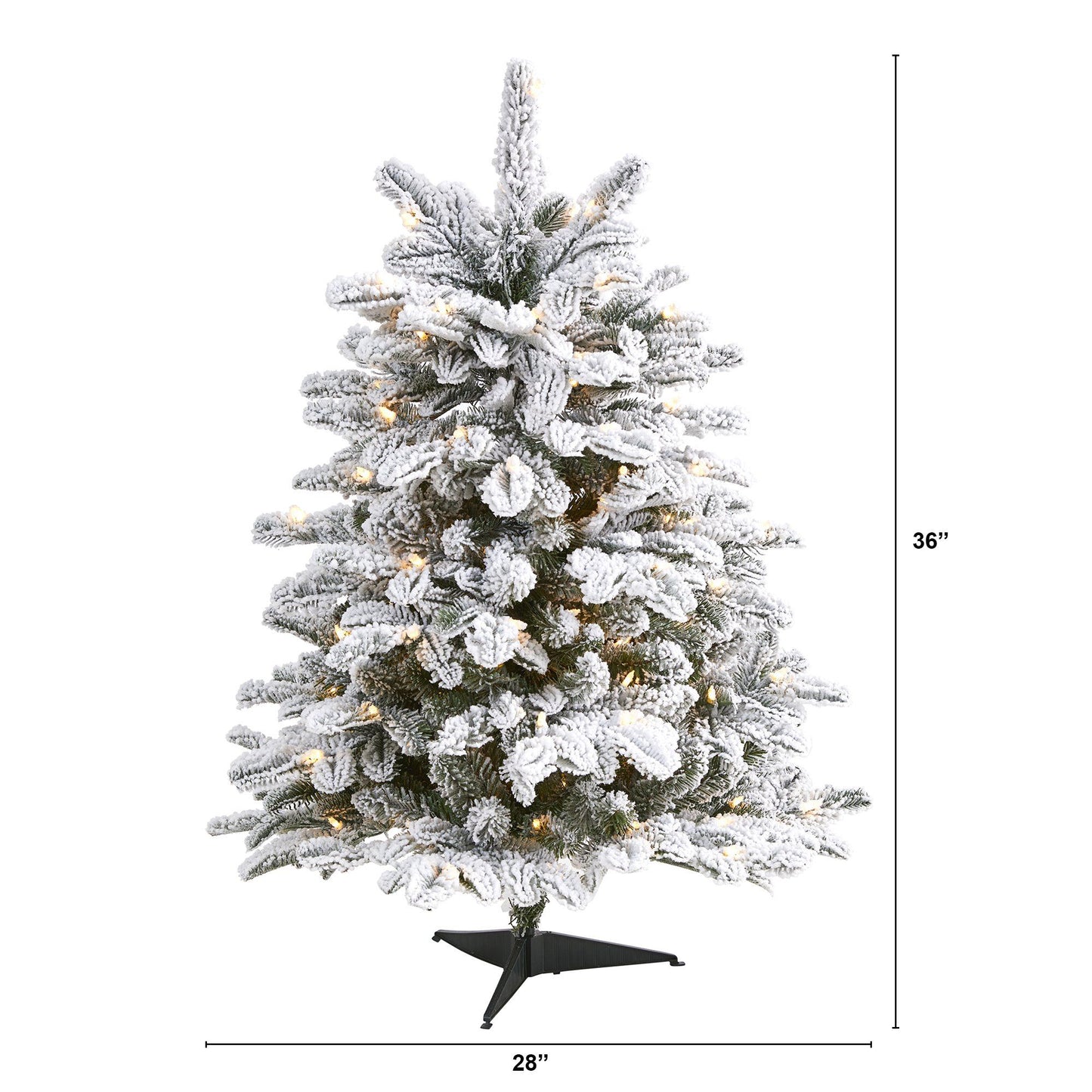 Árbol de Navidad artificial de abeto flocado de Carolina del Norte de 3 pies con 150 luces blancas cálidas y 545 ramas flexibles