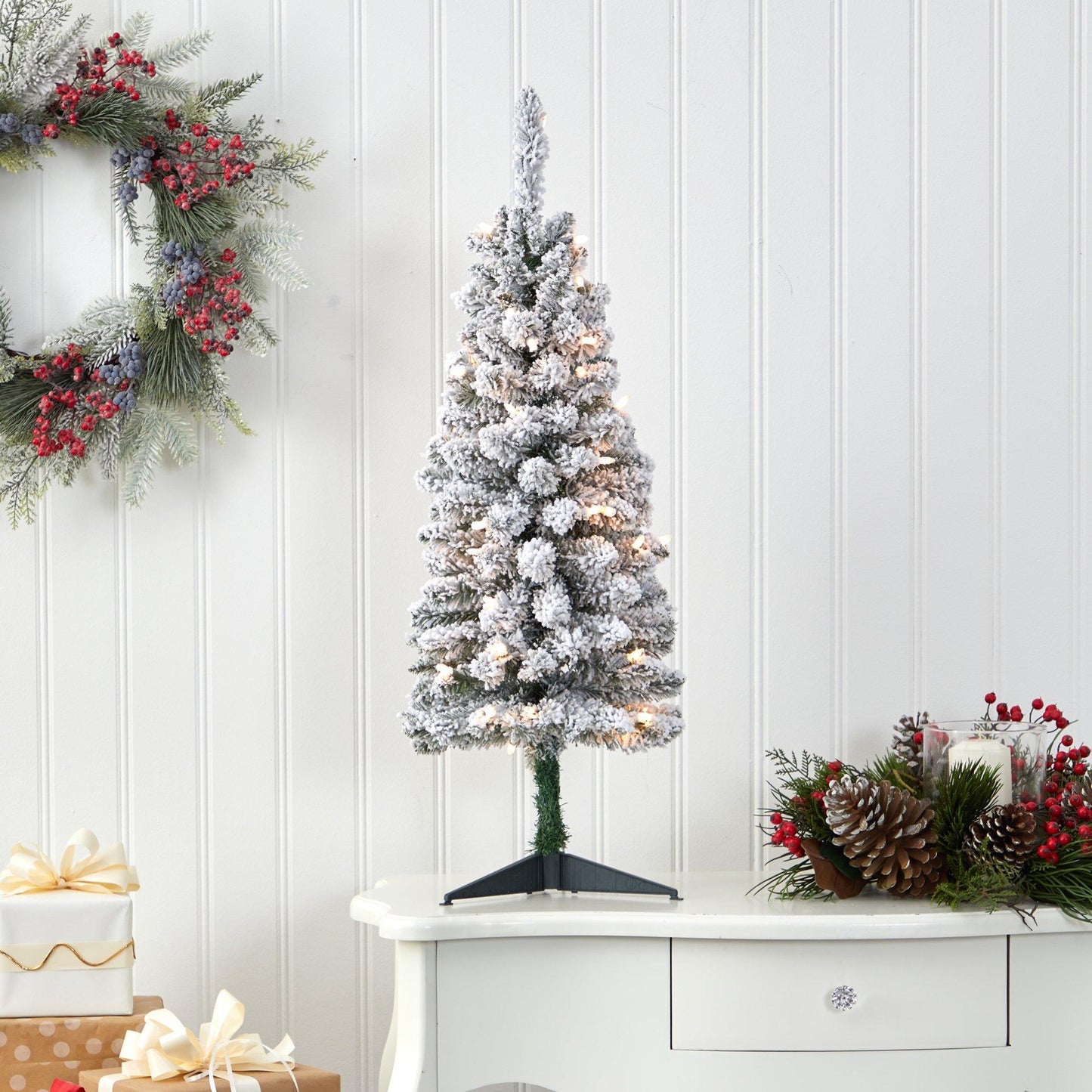 3’ Flocked Pencil Artificial Christmas Tree with 50 Clear Lights and 132 Bendable Branches