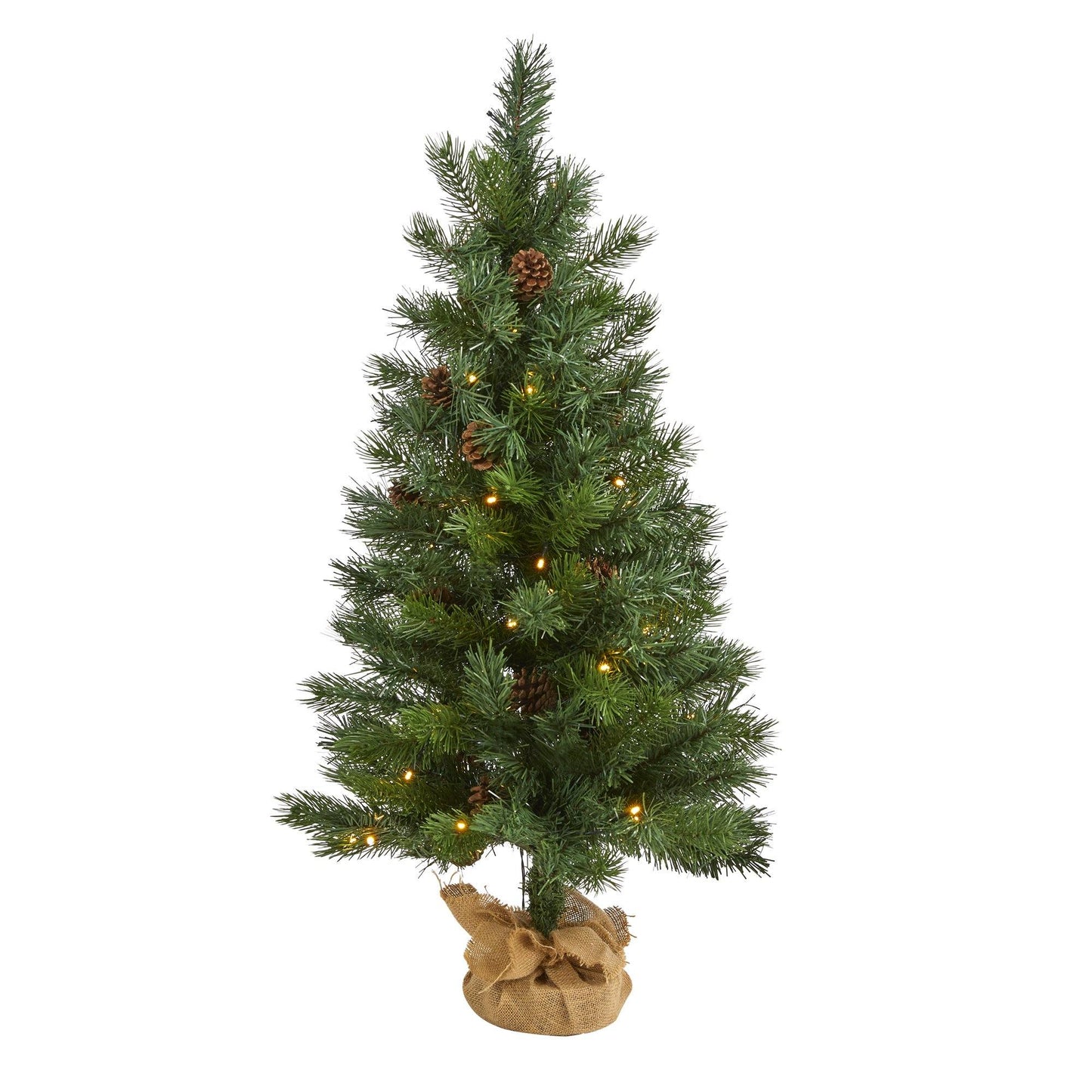 Árbol de Navidad artificial de abeto Fraser de 3 pies con apariencia natural, 50 luces LED transparentes, piñas, base de arpillera y 90 ramas flexibles