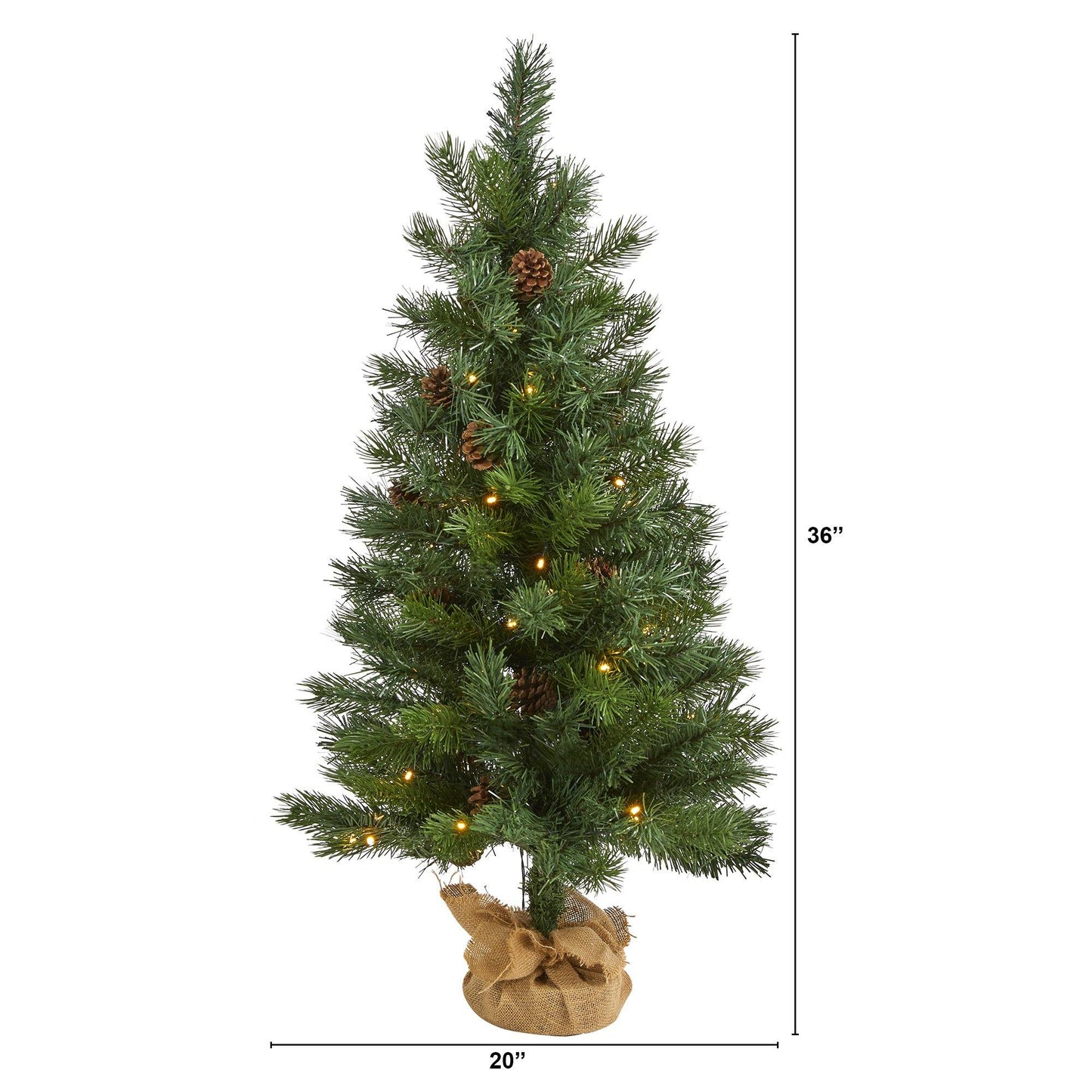 Árbol de Navidad artificial de abeto Fraser de 3 pies con apariencia natural, 50 luces LED transparentes, piñas, base de arpillera y 90 ramas flexibles