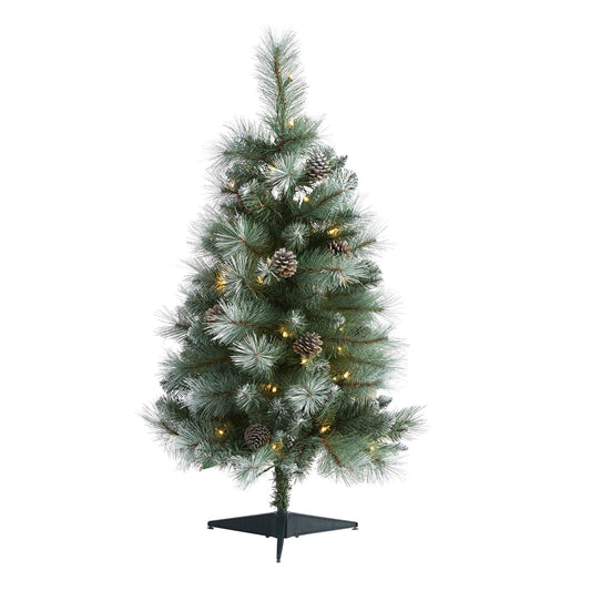 Árbol de Navidad artificial de pino de montaña de Columbia Británica con punta esmerilada de 3 pies con 50 luces transparentes, piñas y 112 ramas flexibles