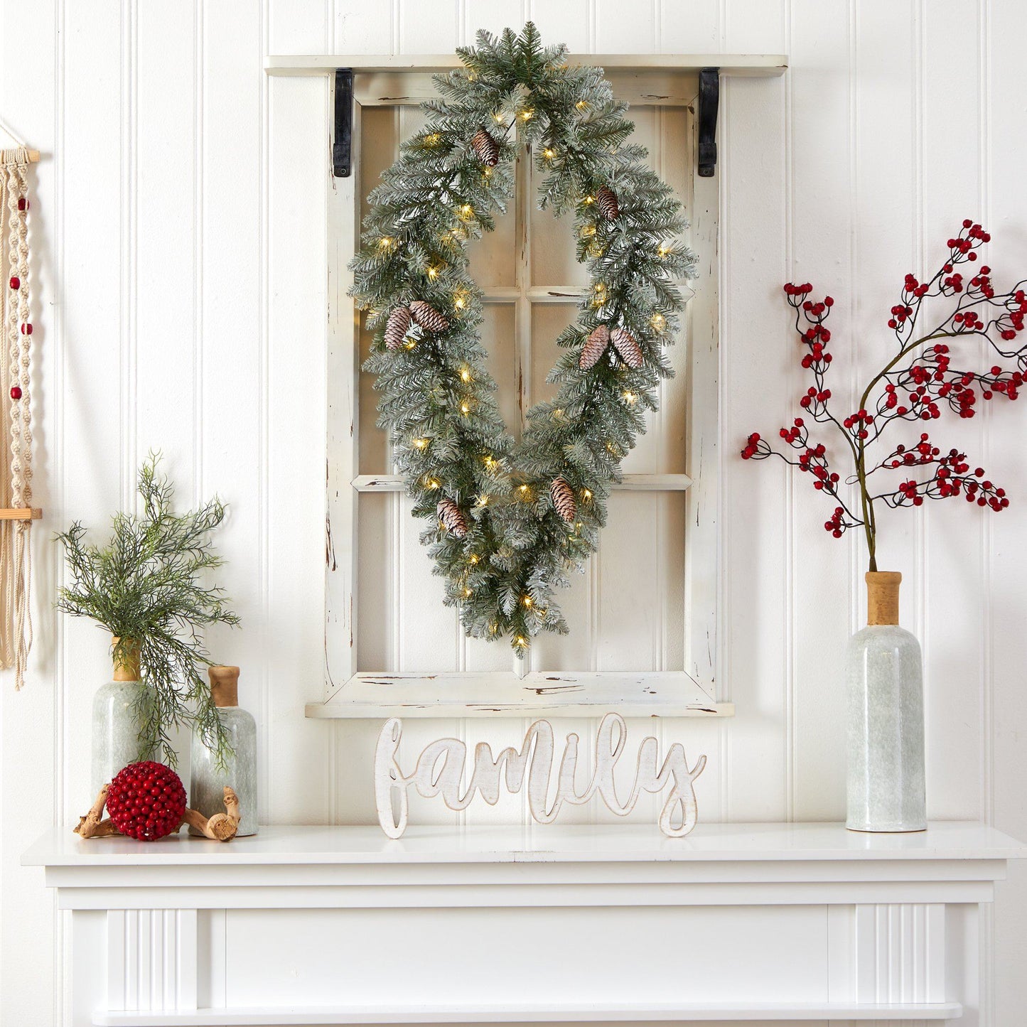 3' Holiday Christmas Geometric Diamond Frosted Wreath with Pinecones and 50 Warm White LED Lights