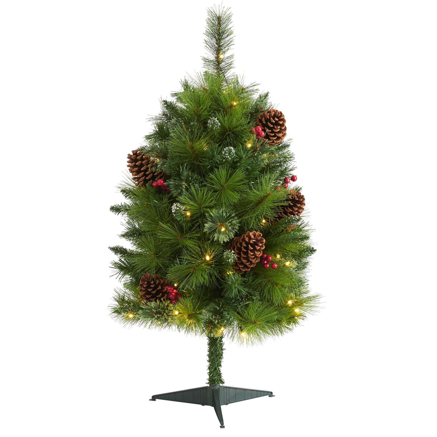 Árbol de Navidad artificial de pino mixto Montana de 3 pies con piñas, bayas y 50 luces LED transparentes