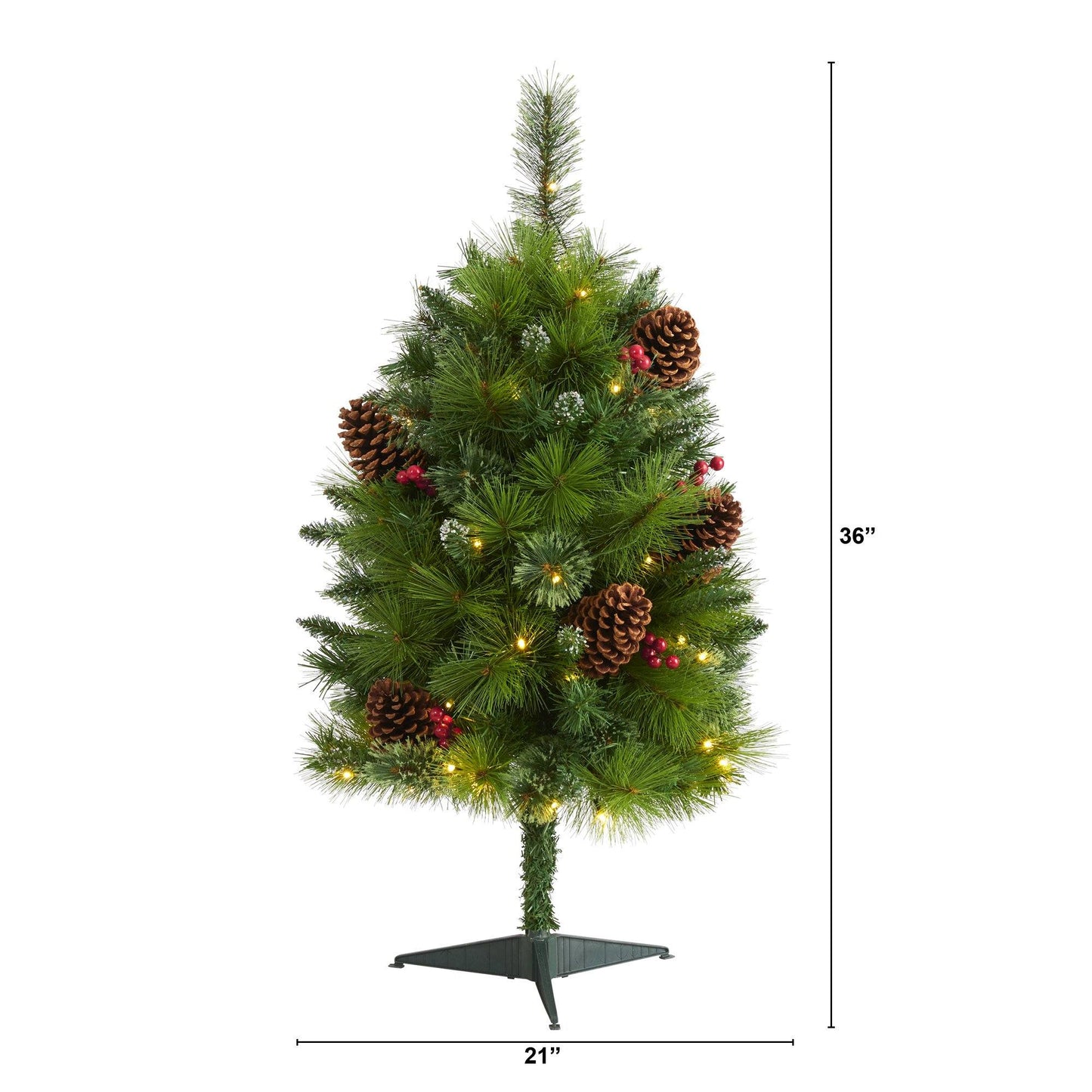 Árbol de Navidad artificial de pino mixto Montana de 3 pies con piñas, bayas y 50 luces LED transparentes