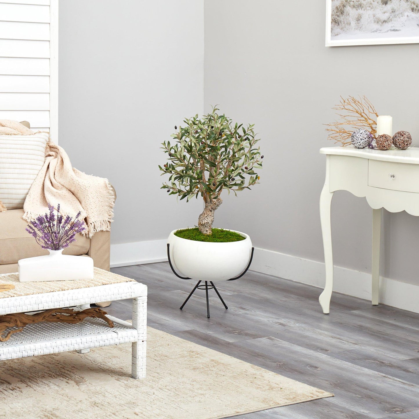 3’ Olive Artificial Tree in White Planter with Metal Stand